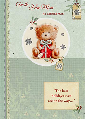 Designer Greetings Teddy Bear Christmas Card with Red Gift Inside - Perfect New Mom Holiday Greeting Card for Baby Shower, First Christmas & Special Occasions