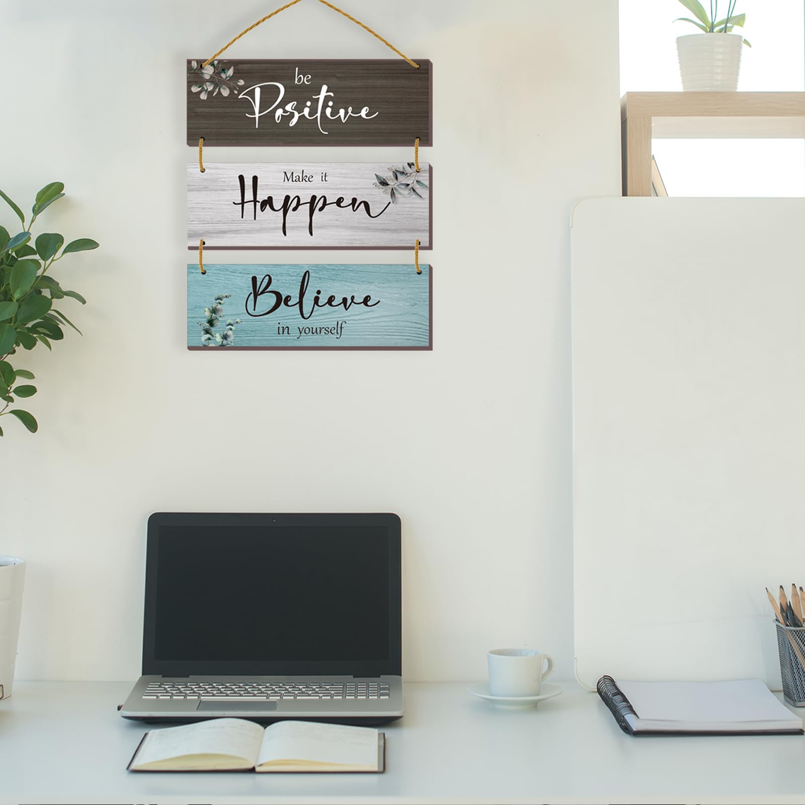 3 Pcs Rustic Wooden Motivational Wall Plaques with Inspirational Sayings - Farmhouse Office Decor for Home, Bathroom, Bedroom & Kitchen (12x4 Inch) - Perfect for Home Office Decor & Wall Art Gifts