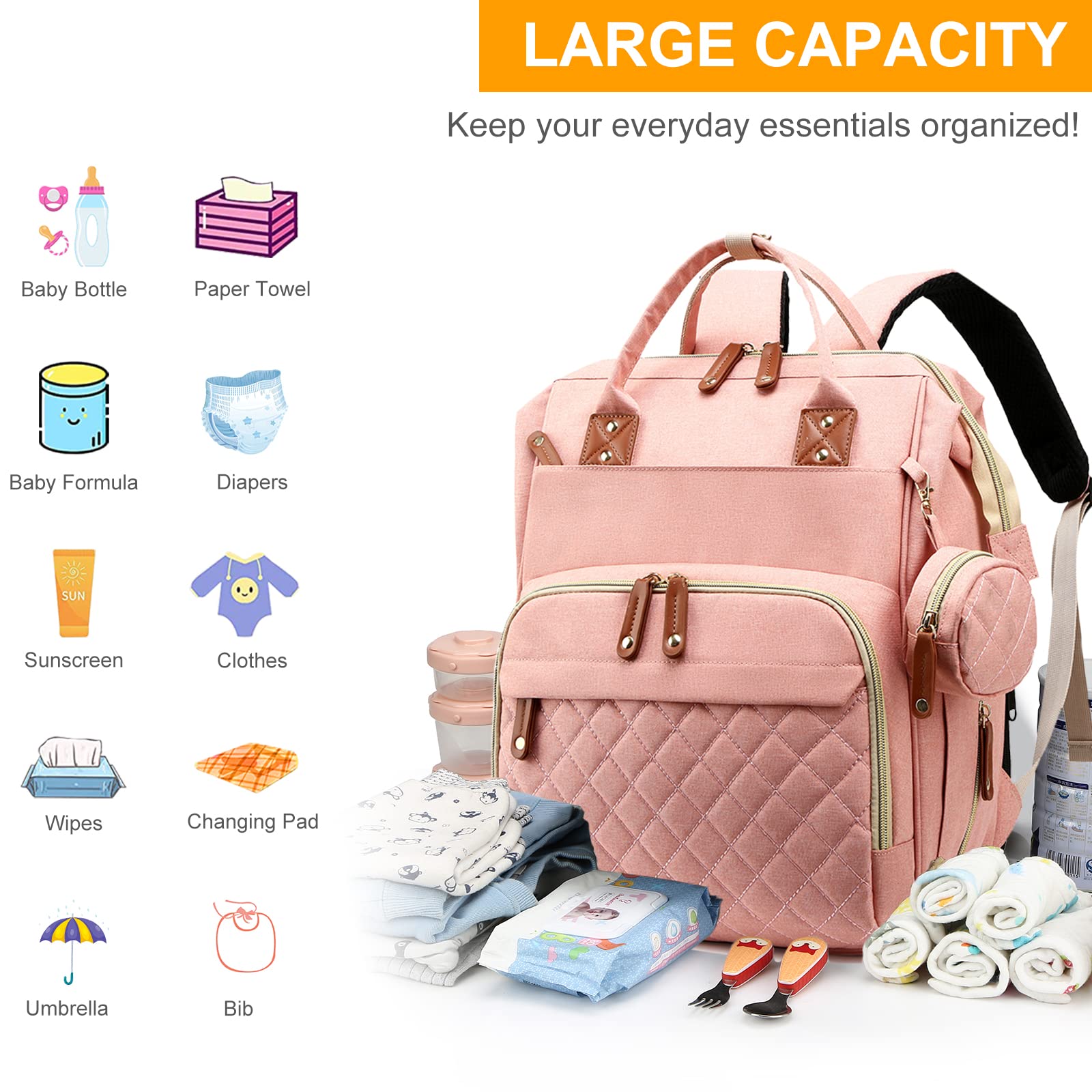 **Waterproof 3-in-1 Diaper Backpack with Foldable Changing Pad – Large Travel Diaper Bag for Baby Boys & Girls (Peach Pink) – Perfect for Daycare, Travel & On-the-Go Parents**
