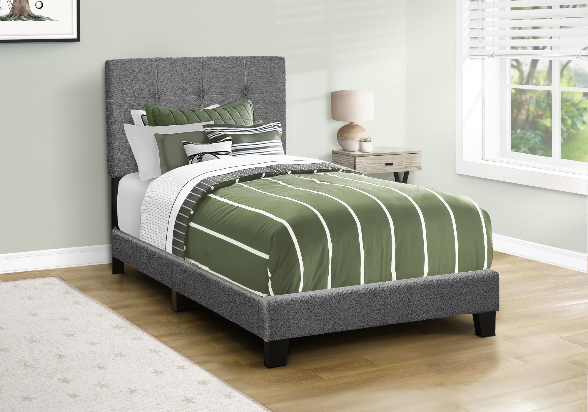 Dark Grey Boucle Upholstered Twin Size Bed Frame - Modern Youth & Teen Bedroom Furniture for Small Spaces - Perfect for Kids' Rooms, Dormitories & Guest Bedrooms