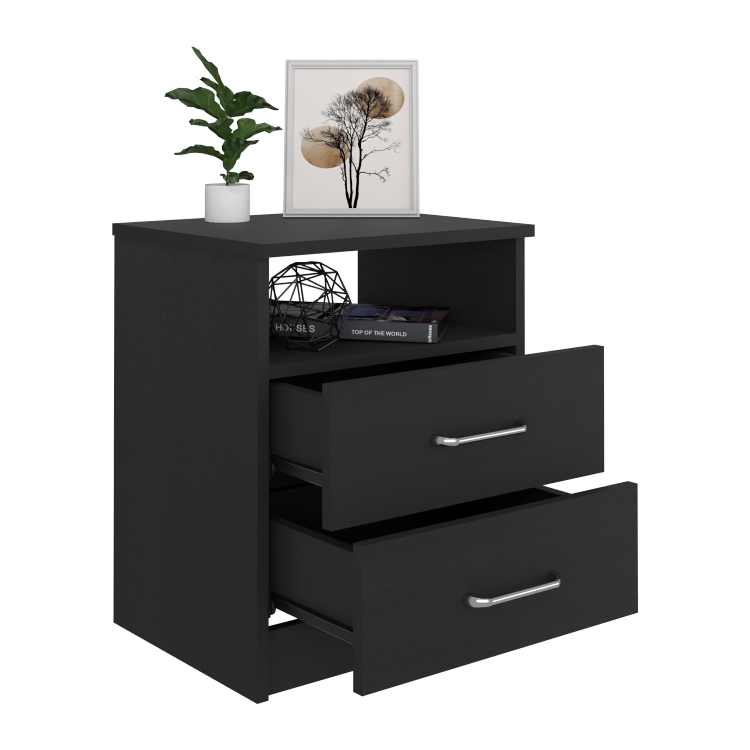 Tuhome Napoles Nightstand with Superior Top - 2 Drawers & 1 Shelf, Black - Perfect for Bedroom, Guest Room, or Dorm Furniture Storage