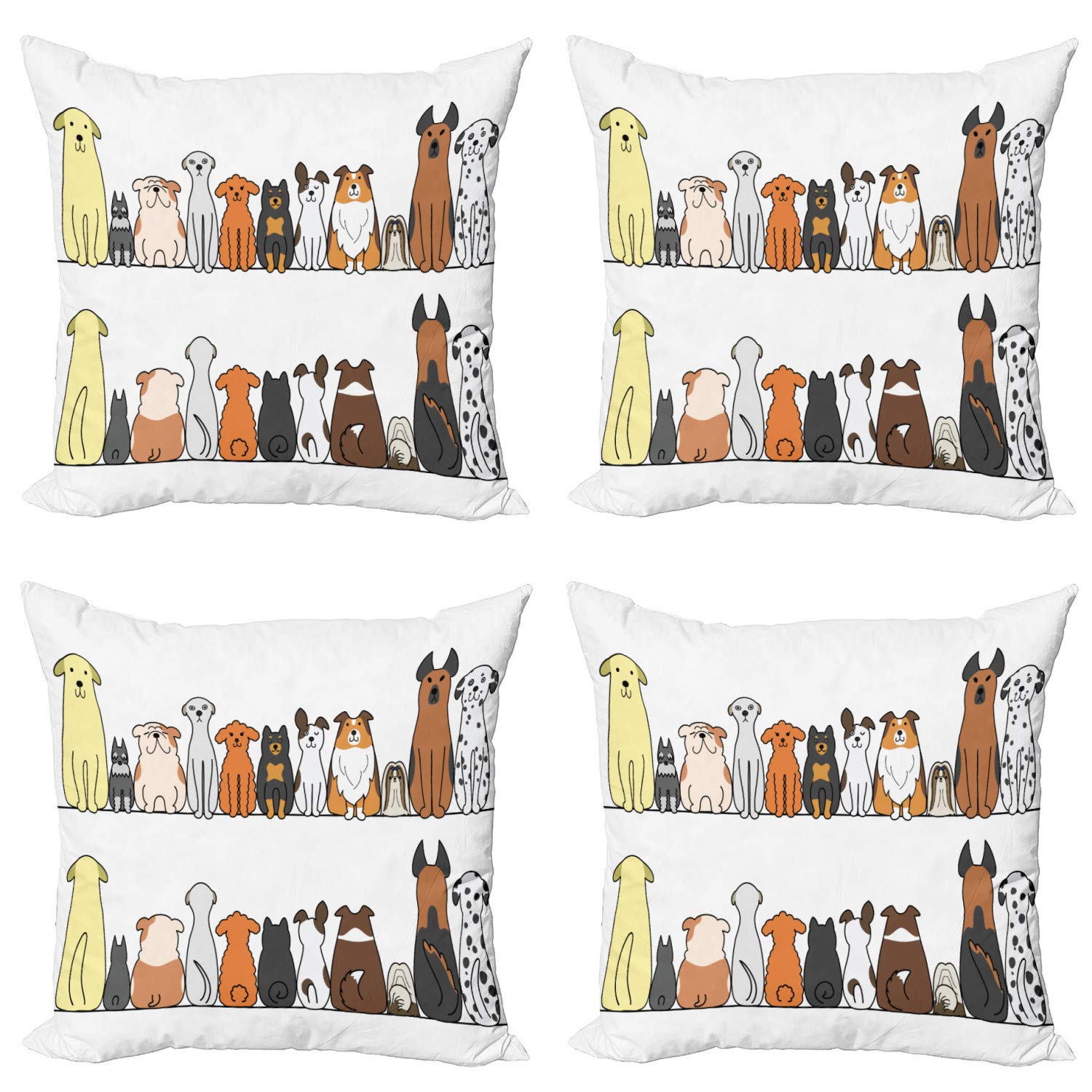 Ambesonne 4-Pack Dog Themed Decorative Throw Pillow Covers - Multicultural Dog Family Design Front & Back Views - 16