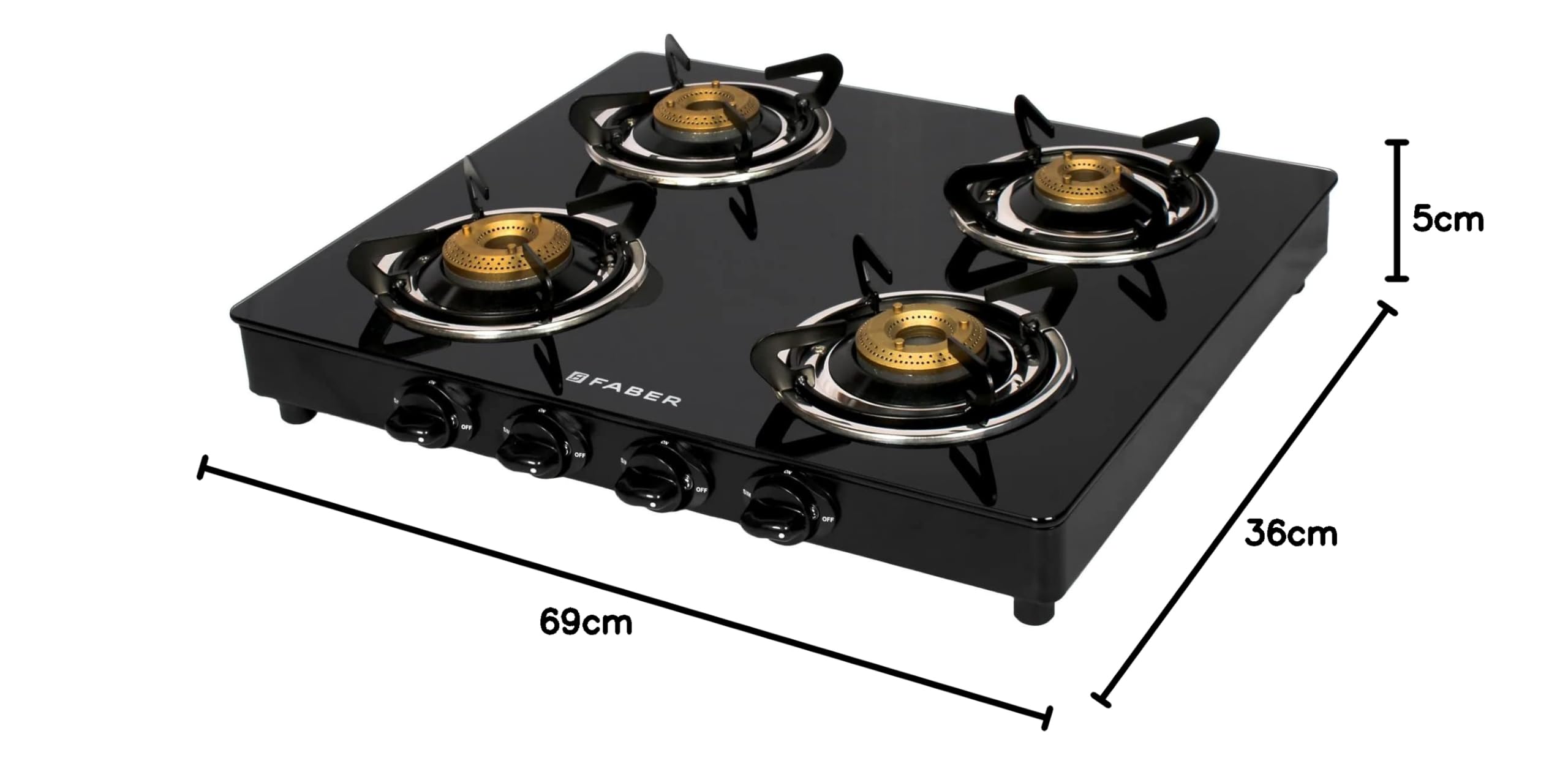 Faber Daisy 4-Burner Gas Stove with Glass Top - 2 Medium & 2 Small Brass Burners, Powder Coated Pan Support - Easy to Clean Manual Ignition Hob Cooktop (Black) - Perfect for Home Kitchen, RV Camping & Outdoor Cooking