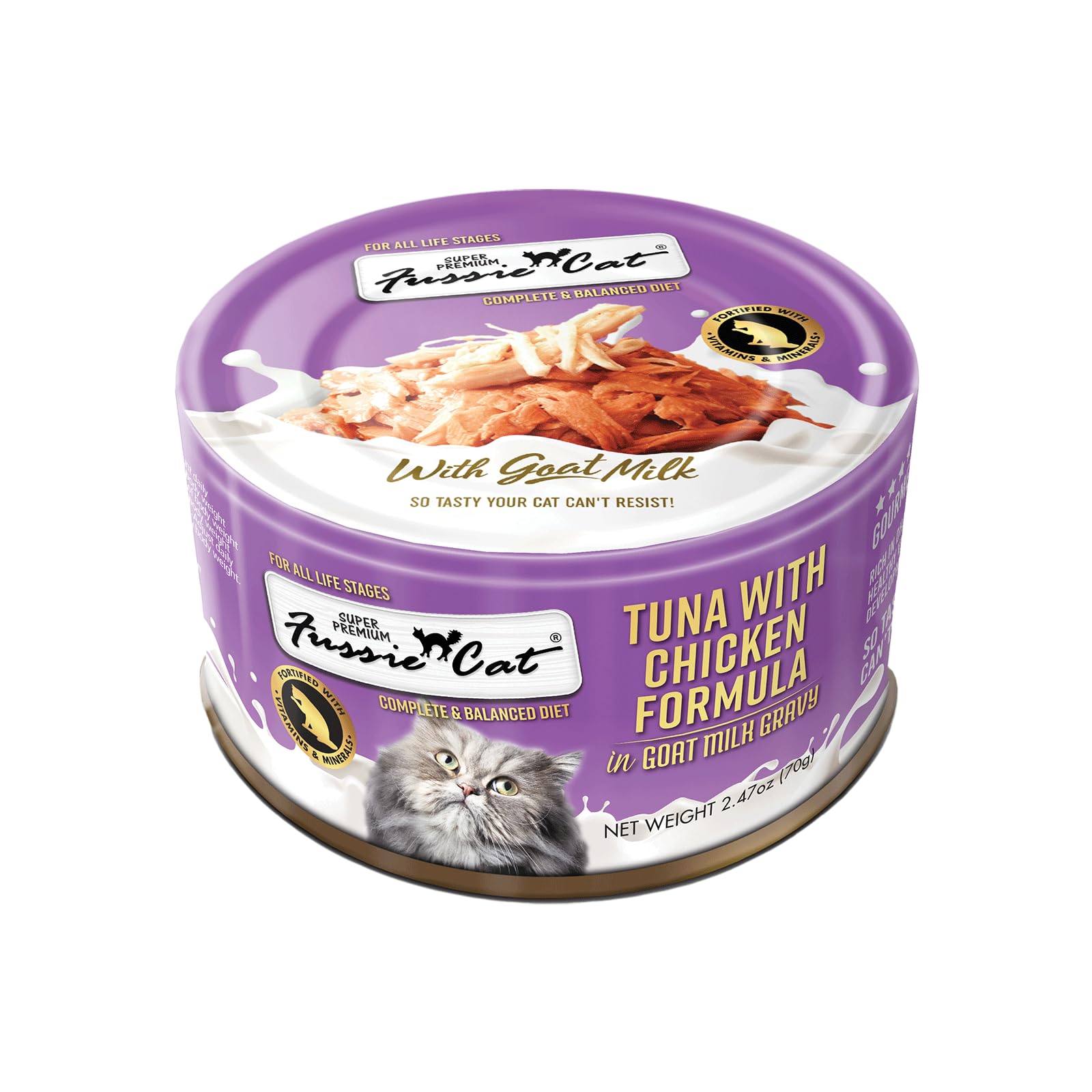 Premium Fussie Cat Wet Cat Food in Goat Milk Gravy - 24 Pack of 2.47oz Cans, Tuna & Chicken Recipe - Grain-Free, High Protein Cat Food for Adult & Senior Cats - Perfect for Picky Eaters & Digestive Health