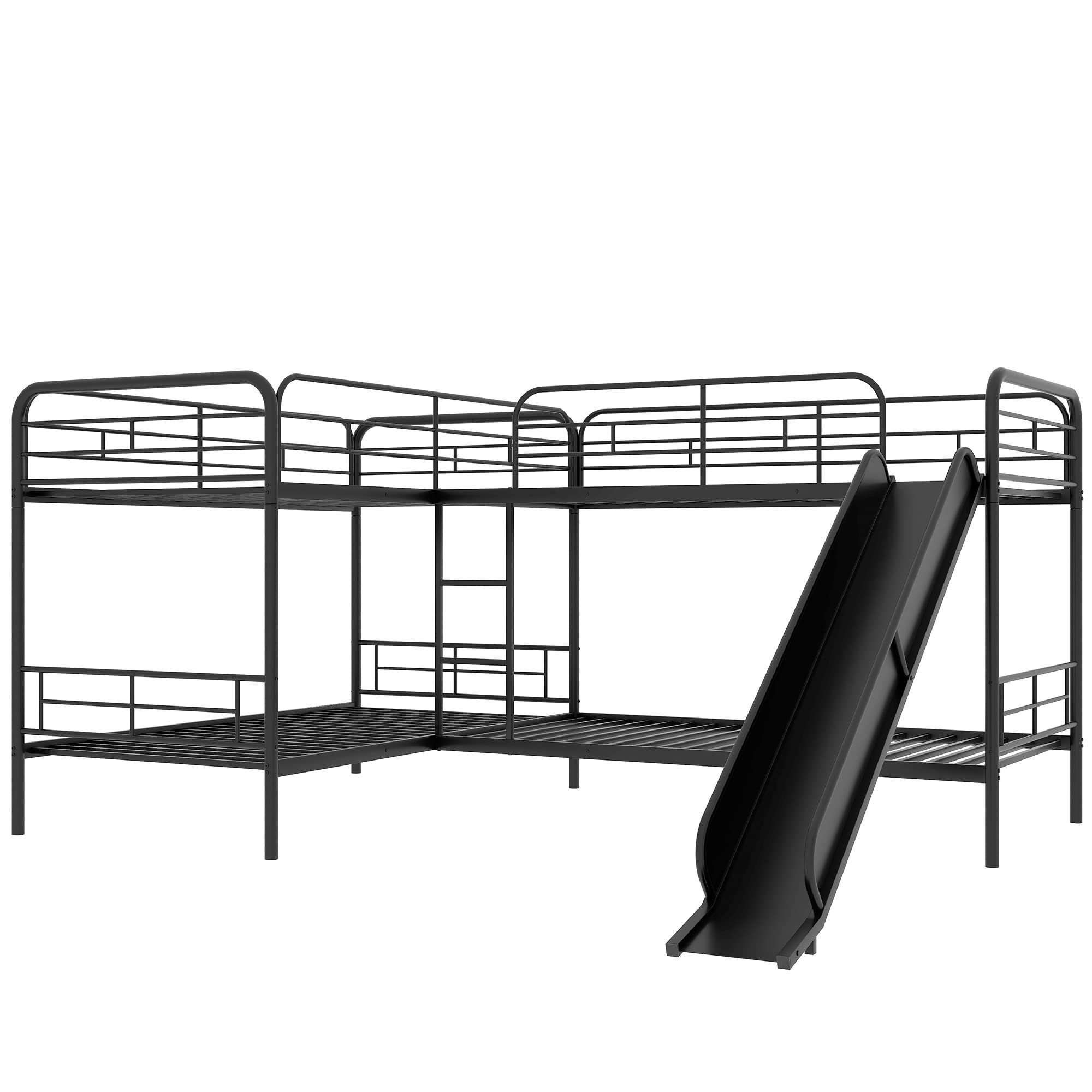 L-Shaped Twin Bunk Bed with Slide for 4 Sleepers - Space-Saving Kids & Teens Bunk Bed, No Box Spring Needed - Perfect for Shared Bedrooms, Vacation Homes & Dorm Rooms