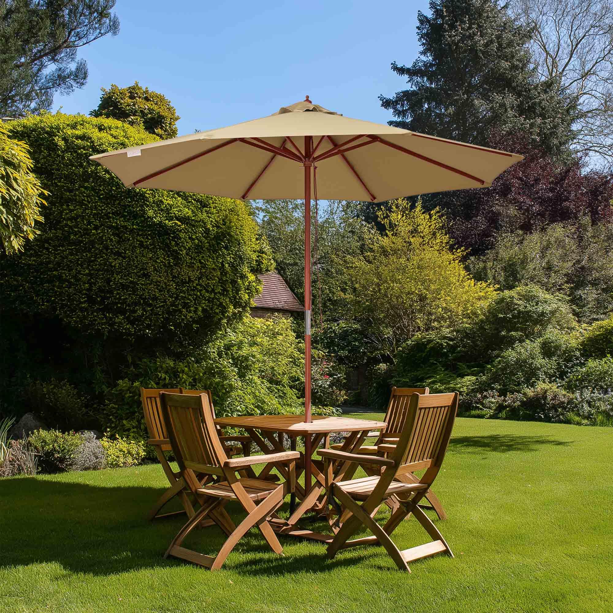 Yescom 9ft Tan Wooden Outdoor Patio Umbrella with Pulley - Perfect for Garden, Yard, Beach, Deck & Cafe - Sun Shade for Outdoor Dining & Relaxation