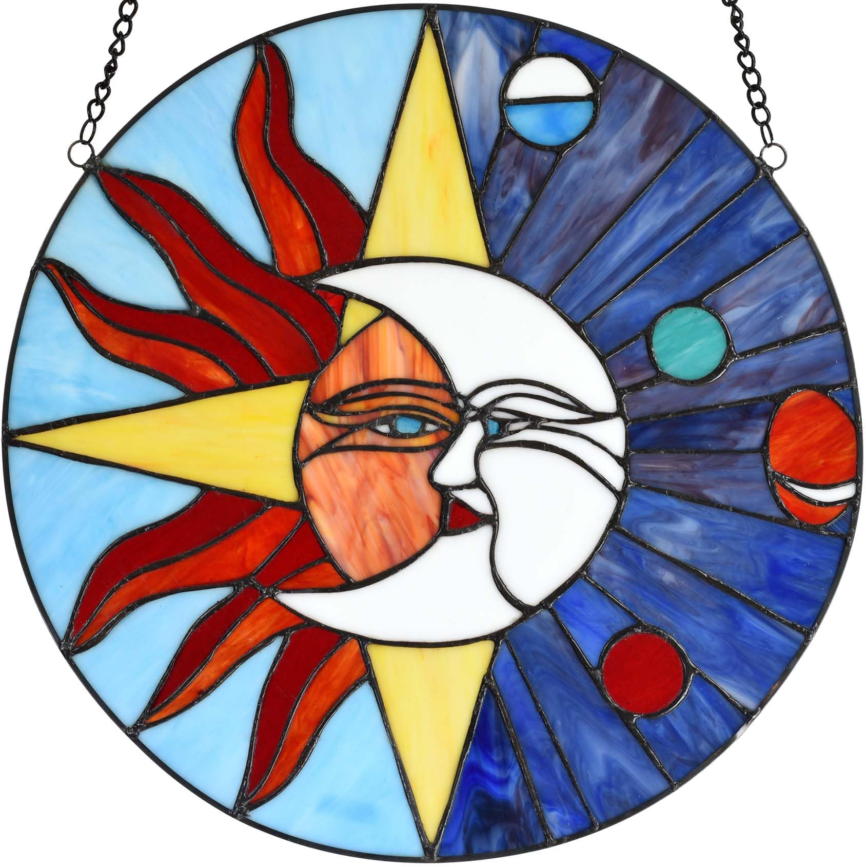 Bieye W10043 Tiffany Style Stained Glass Window Panel - Sun Moon Star & Solar System Planets Design, 16-inch Round Blue Decorative Art for Home, Church & Office Decor