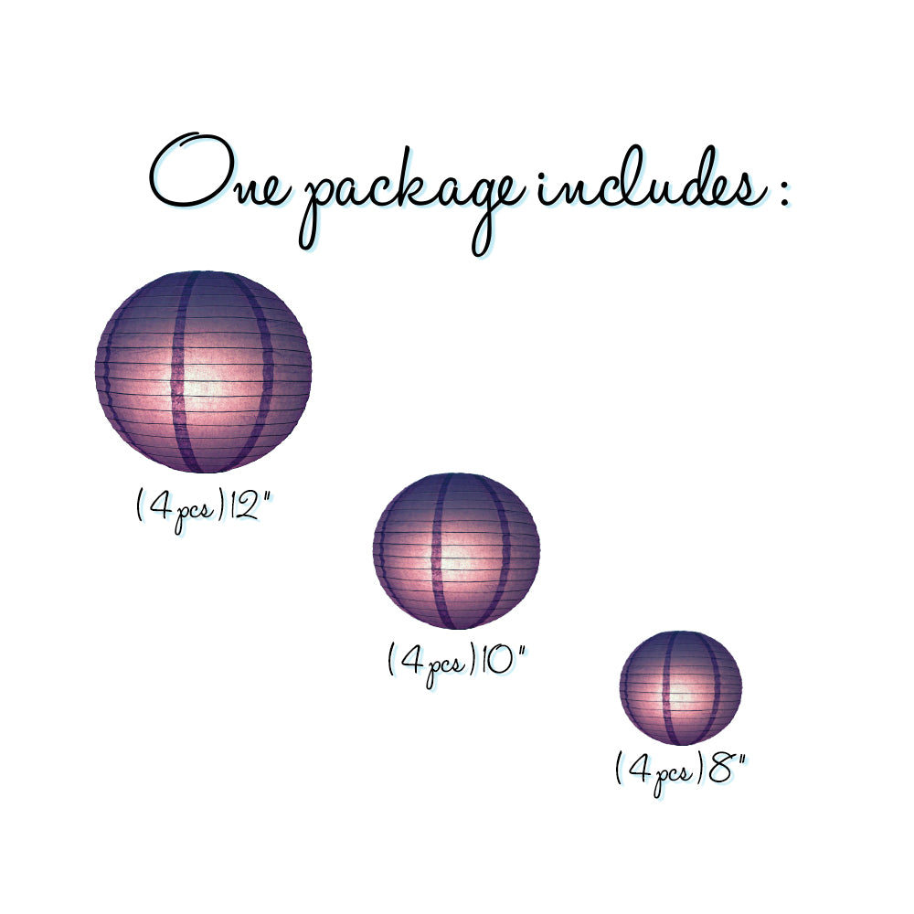 12-Piece Royal Purple Paper Lantern Set - Chinese Hanging Wedding & Party Decorations (12/10/8 Inch) - Perfect for Asian-Themed Weddings, Birthday Parties, and Festival Celebrations