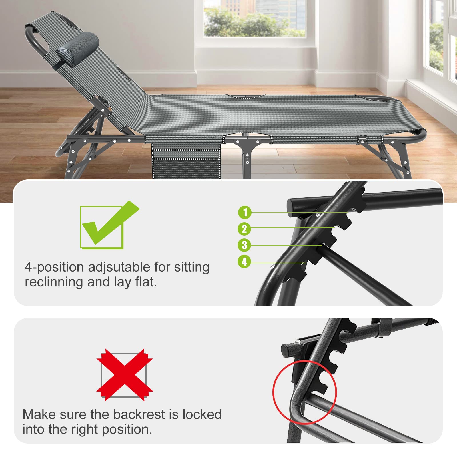 LILYPELLE 5-Position Adjustable Folding Lounge Chair with Mattress - Portable Outdoor Chaise Lounge for Sunbathing, Camping, Beach, Pool & Patio - Perfect for Relaxing, Travel & Backyard Use