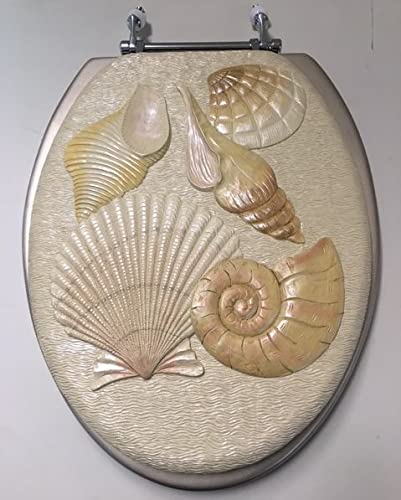 Stylish Beige Seashell Resin Elongated Toilet Seat with Chrome Hinges - Durable Bathroom Upgrade for Coastal & Nautical Themed Homes