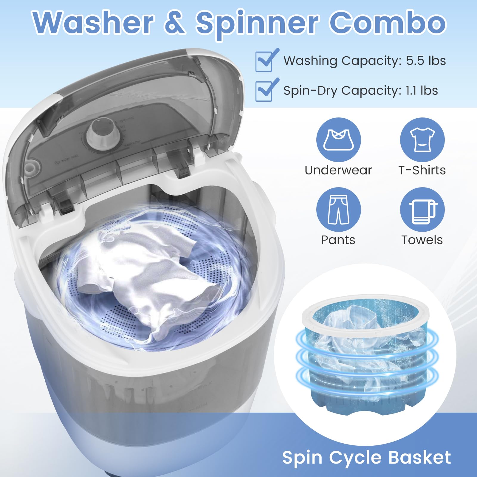 ARLIME 5.5LBS Mini Washer Dryer Combo - Compact Semi-Automatic Washing Machine with Drain Hose & Spin Tub - Portable Laundry Solution for Apartments, Dorms, RVs & Camping (Grey) - Perfect for Small Spaces & Travel Use