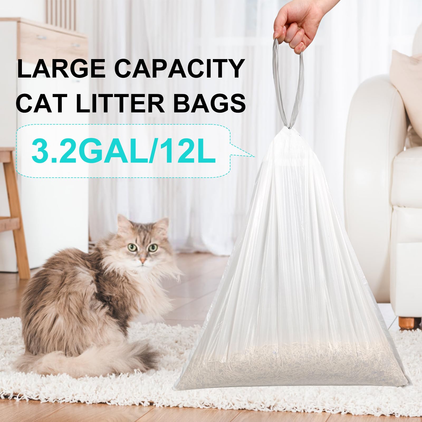 Self Cleaning Cat Litter Box with Liners - Extra Sturdy Drawstring Pet Waste Bags (4 Rolls, 60 Counts, 20