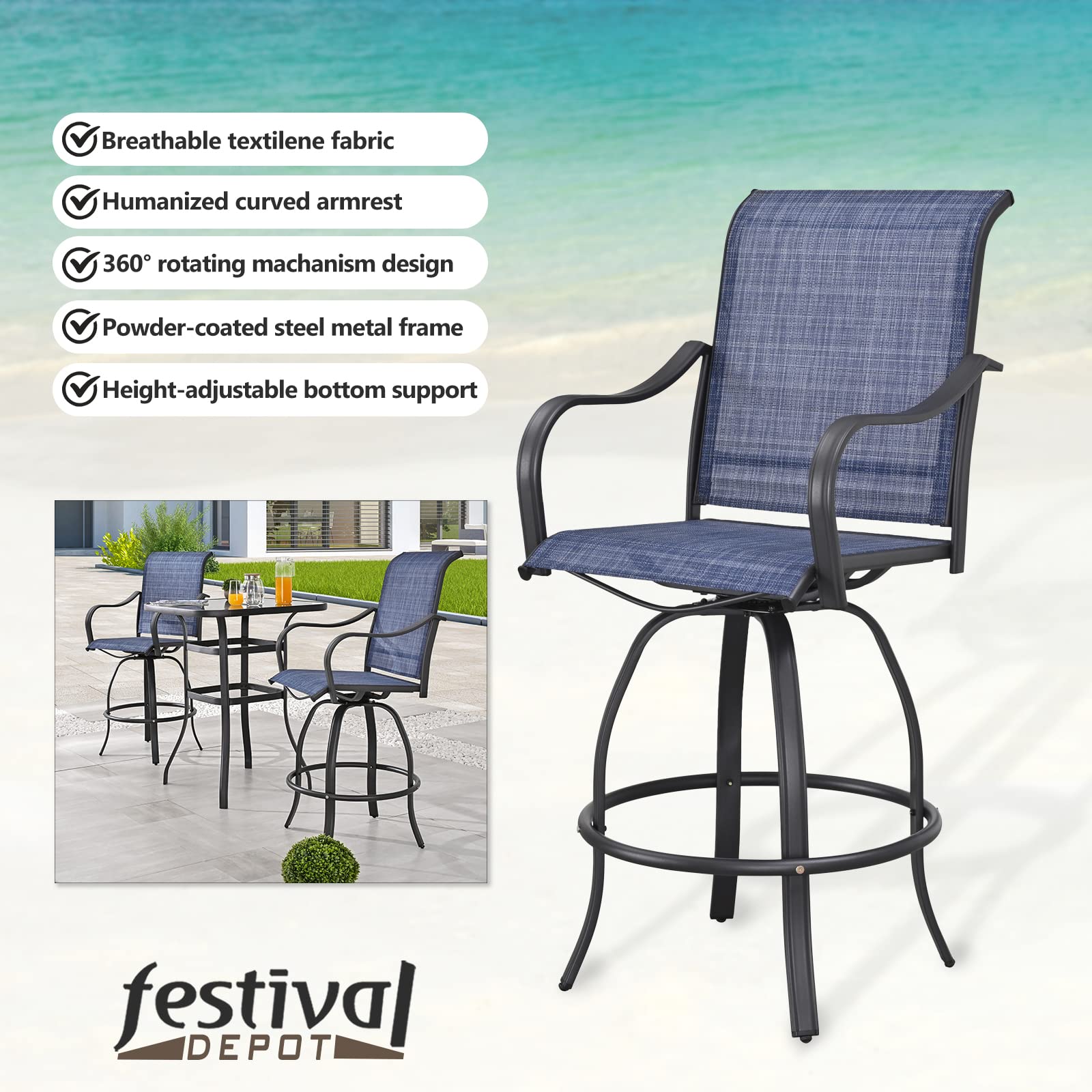 5-Piece Outdoor Patio Bistro Set with 360° Swivel Chairs & Tempered Glass Bar Table - Blue Dining Furniture for Backyard, Garden, and Poolside Relaxation