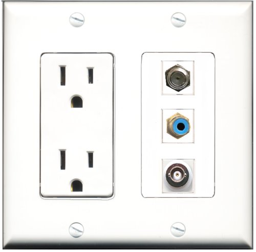 RiteAV 15 Amp Power Outlet Wall Plate with 1 RCA, 1 Coax & 1 BNC Port - Decorative Multi-Port Cover for Home Theater, CCTV & Audio/Video Installations