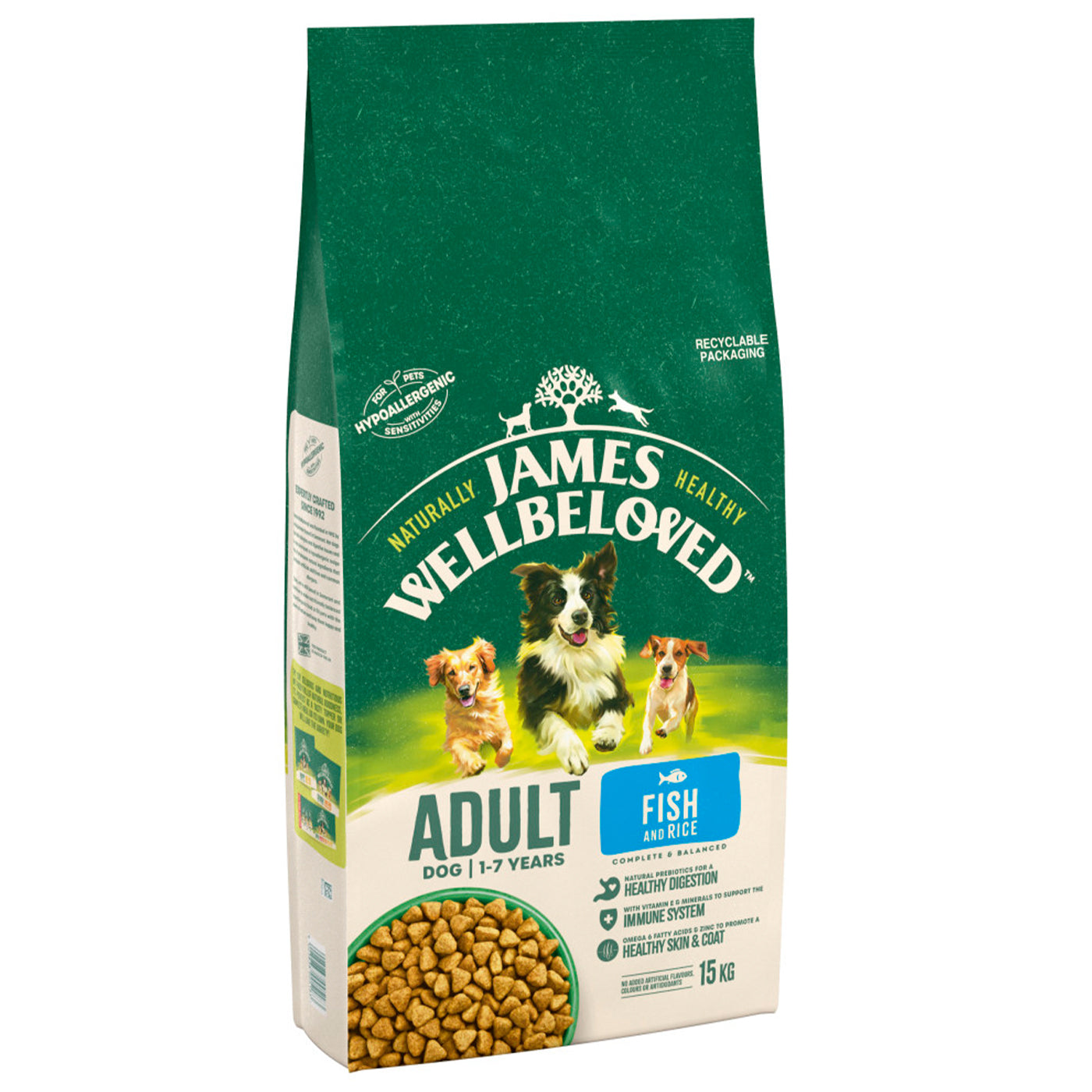 James Wellbeloved Fish & Rice Adult Dry Dog Food 15kg - Natural Hypoallergenic Nutrition for Sensitive Stomachs - Perfect for Daily Feeding & Digestive Health