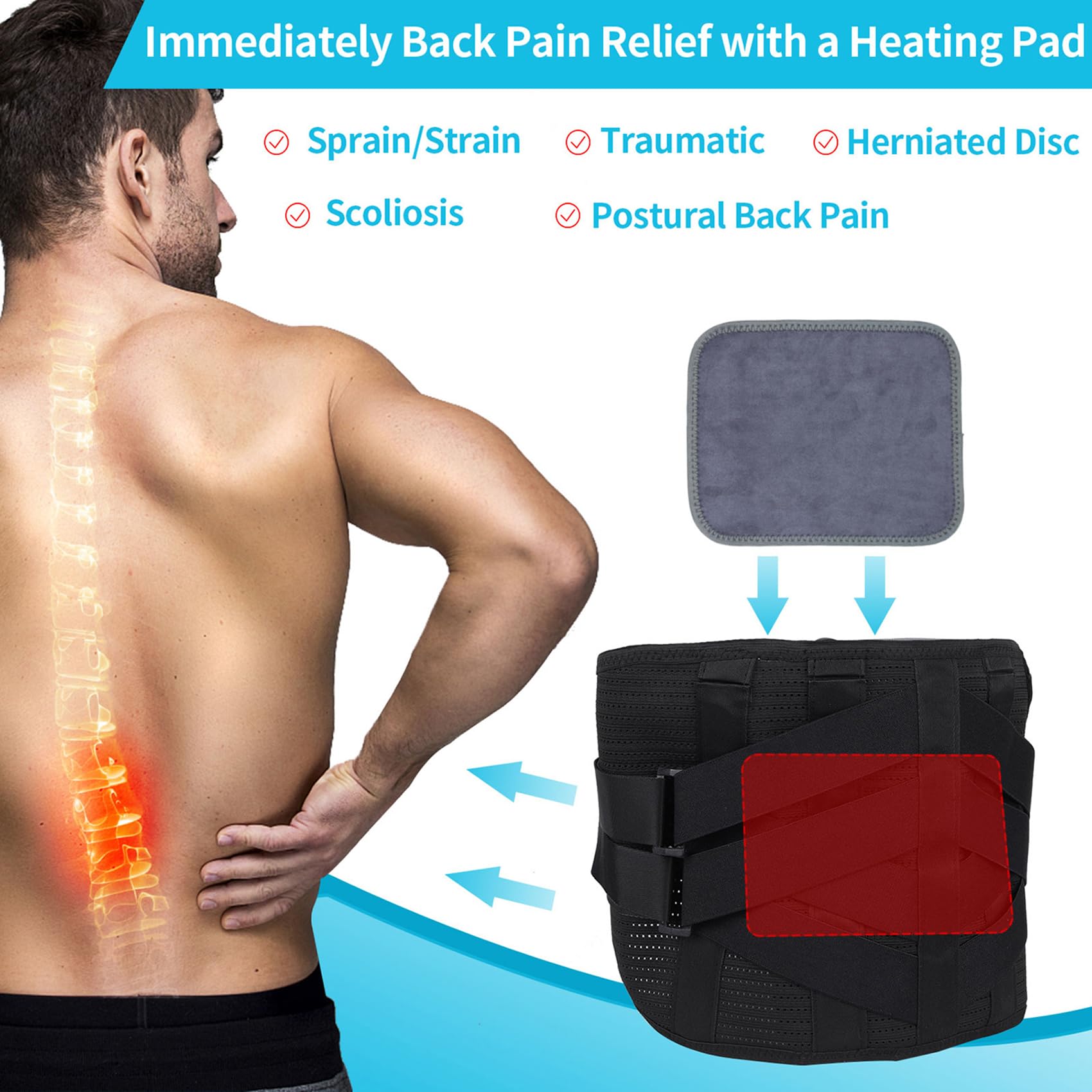 Rechargeable Heated Back Brace for Lower Back Pain Relief - Breathable Lumbar Support Belt with Heating Pad for Herniated Disc & Sciatica - Adjustable Back Support for Men & Women (XL) - Perfect for Office Work, Driving & Post-Surgery Recovery