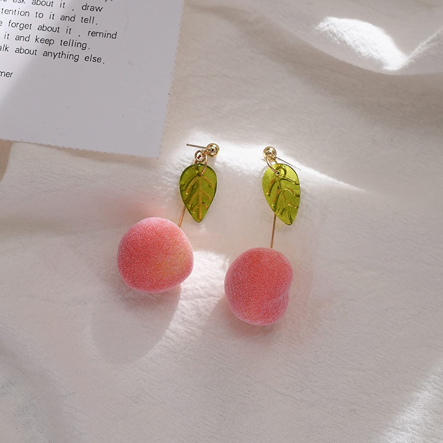 Lightweight Lifelike Pink Peach with Leaf Dangle Drop Earrings - Cute Fruit Jewelry for Women, Girls & Teens - Perfect Gift for Summer, Parties & Everyday Wear