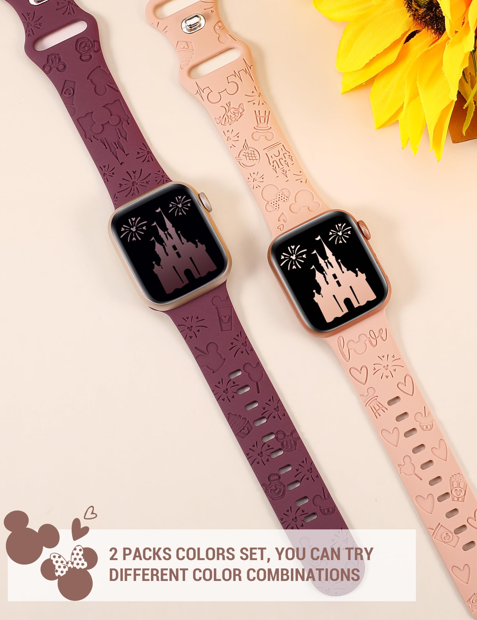 **Girovo 2-Pack Cartoon Engraved Apple Watch Bands 38mm 40mm 41mm 42mm - Soft Silicone Strap for iWatch Series 10/9/8/7/6/5/4/3/2/1/SE/Ultra 2 - Cute Anime Design in Pink & Smoke Violet - Perfect for Women, Kids & Daily Wear**