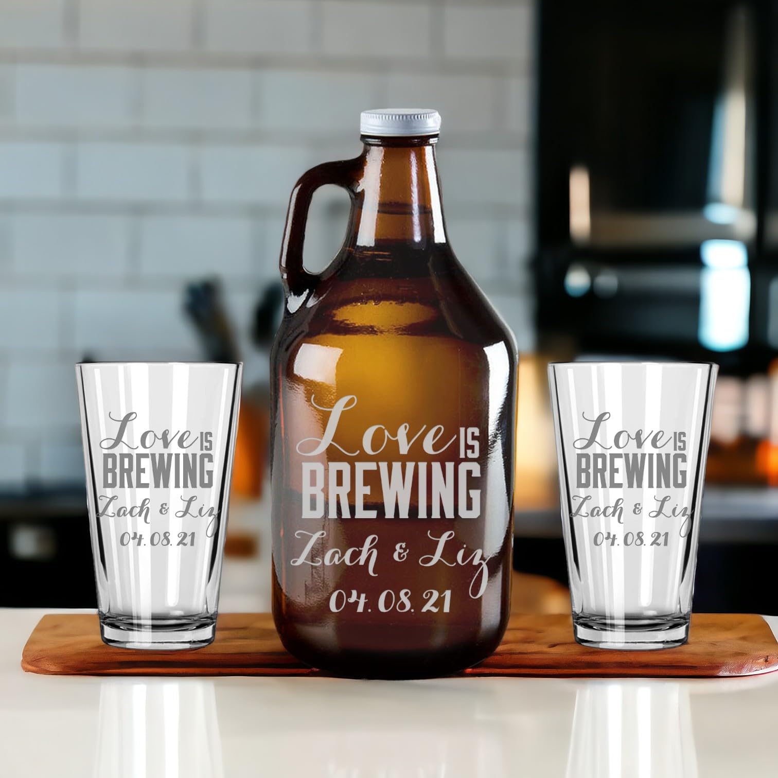 Personalized Wedding Toasting Glasses Set - Engraved Couples Champagne Flutes, Unique Bride & Groom Gift, Wedding Accessories & Keepsake - Perfect for Anniversaries, Vow Renewals & Romantic Celebrations (Love is Brewing)