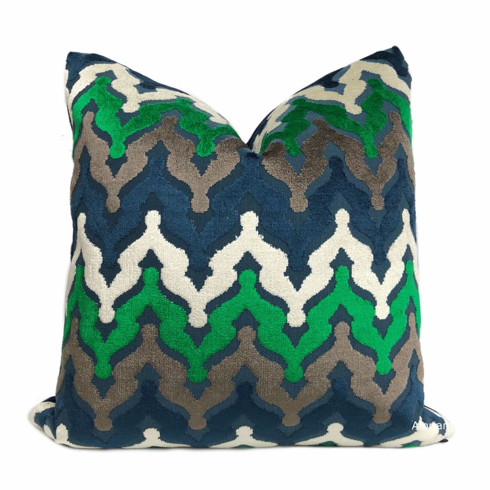 Preston Blue Green Brown Cut Velvet Small Ogee Waves Pillow Cover - Luxurious Decorative Throw Pillow Case for Sofa, Bed & Home Decor