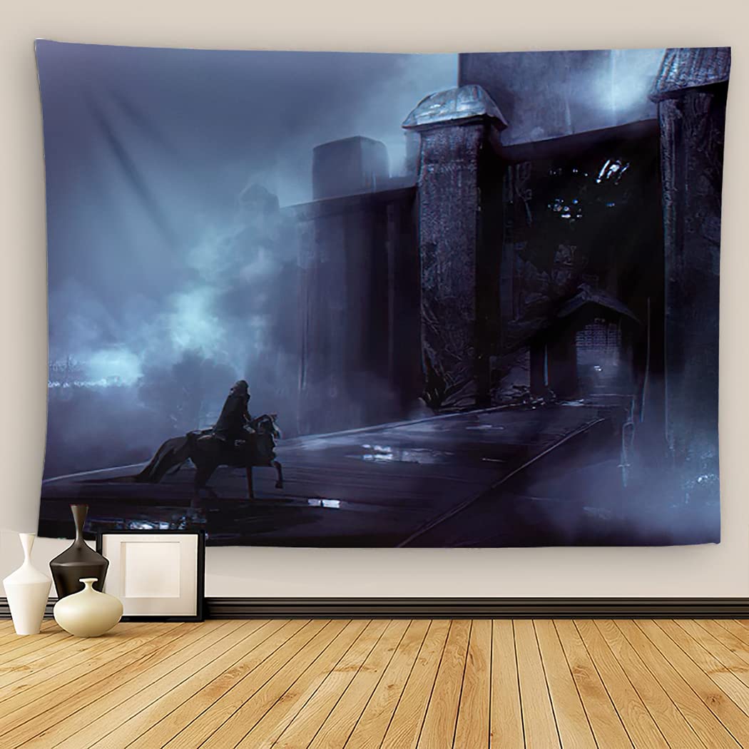 Spooky Halloween Haunted Woods Tapestry Wall Hanging - Gothic Night Castle with Horseman on Fortress Bridge - 60x80 Inch Creepy Wall Art Decor for Bedroom, Living Room & Outdoor - Perfect for Halloween Party Decorations & Gothic Home Aesthetic