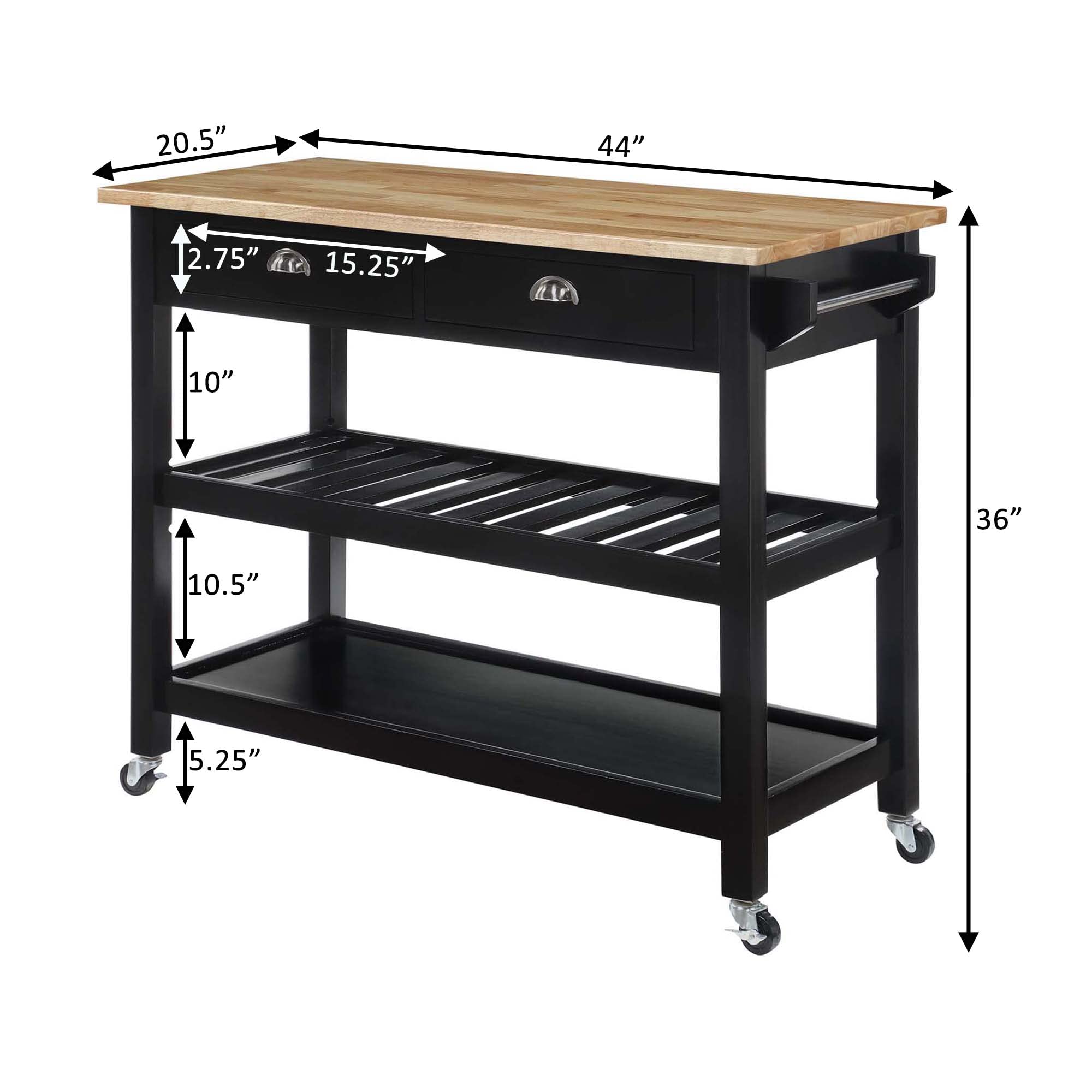 Convenience Concepts American Heritage 3-Tier Butcher Block Kitchen Cart with Drawers - Black/Butcher Block | Rolling Storage Island for Small Spaces, Kitchen Organization & Serving Station