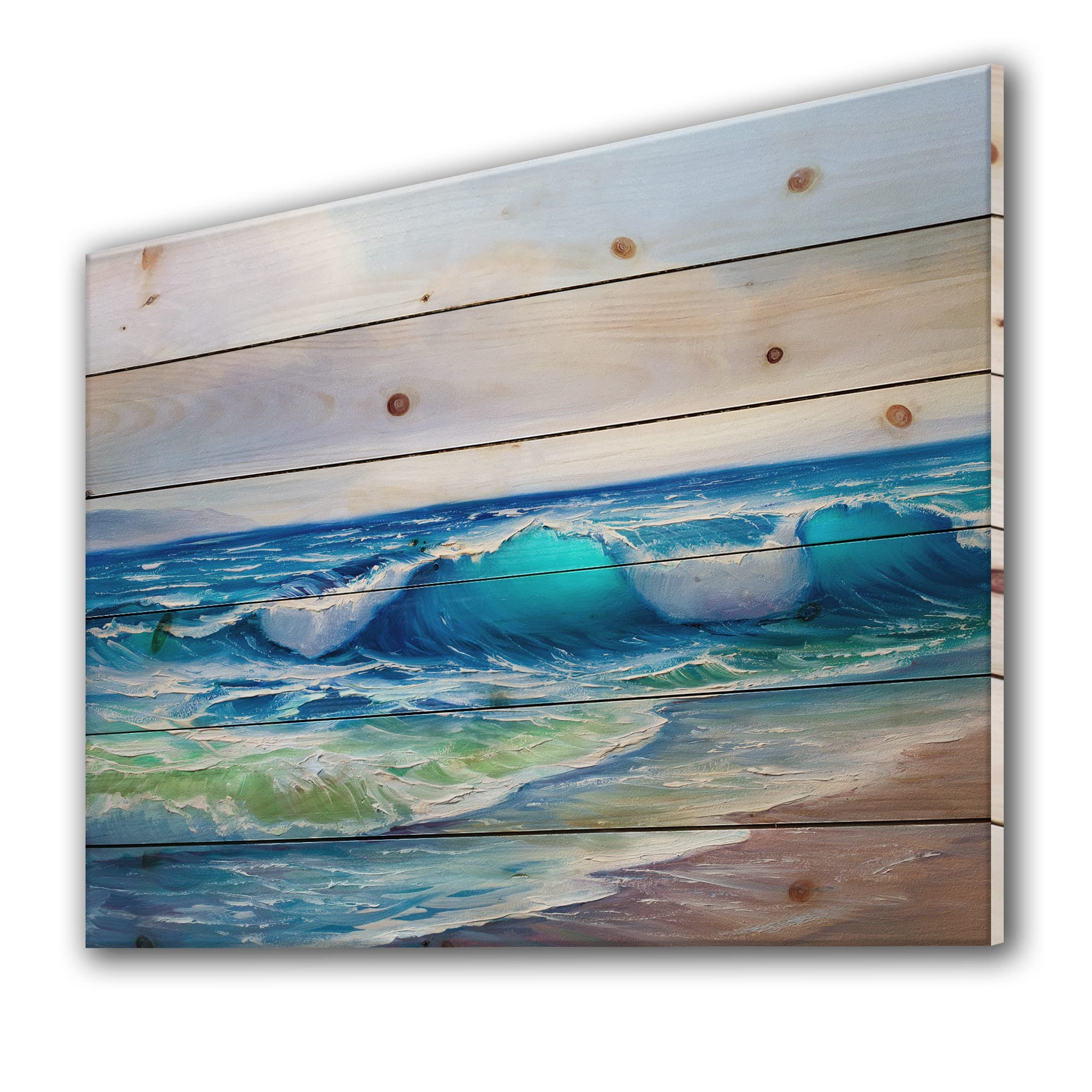 DesignQ Seascape Wave Sunlight Coastal Wood Wall Art - 40x30 Inch Nautical Beach Decor, Blue Pine Wood Wall Panel for Living Room, Bedroom & Office Decoration