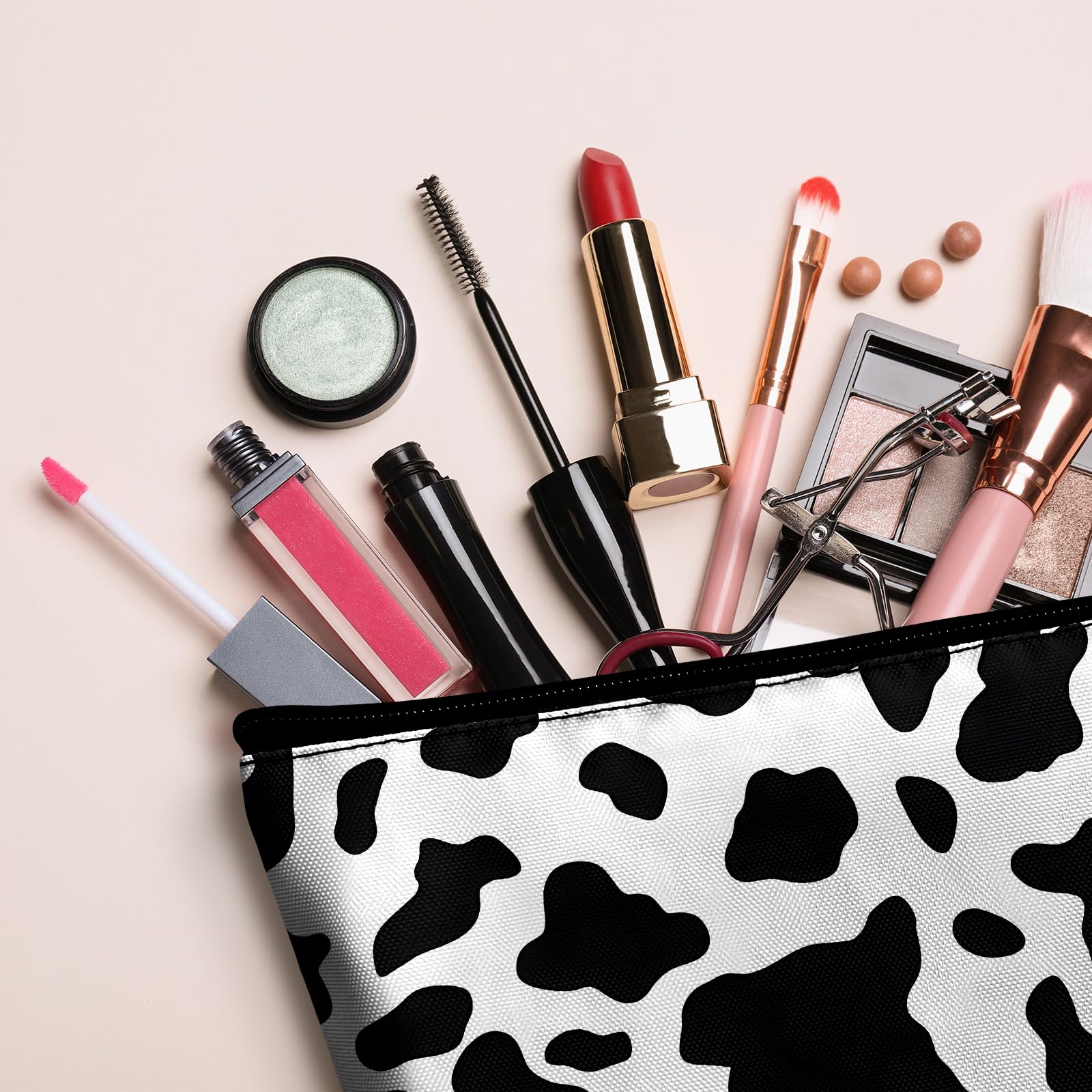 Cow Print Makeup Bag for Women - Large Capacity Cosmetic Organizer with Pencil Case, Travel Toiletry Storage for Brushes & Essentials | Perfect for Travel, Gym & Daily Makeup Organization