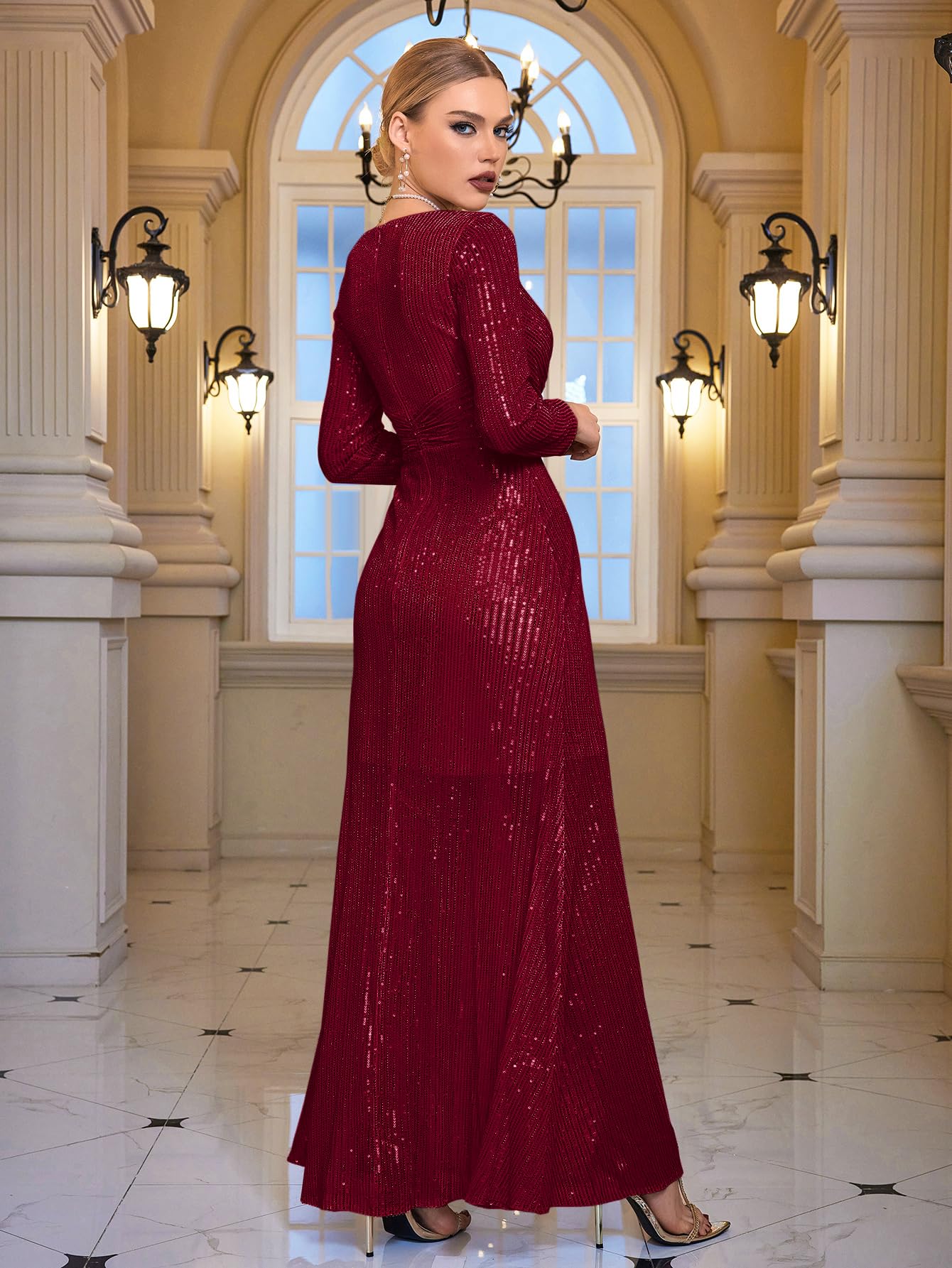 Meilun Women's Long Sleeve Sequin Evening Gown - Sparkly V-Neck Formal Maxi Dress for Wedding Guest, Prom, Party & Special Occasions