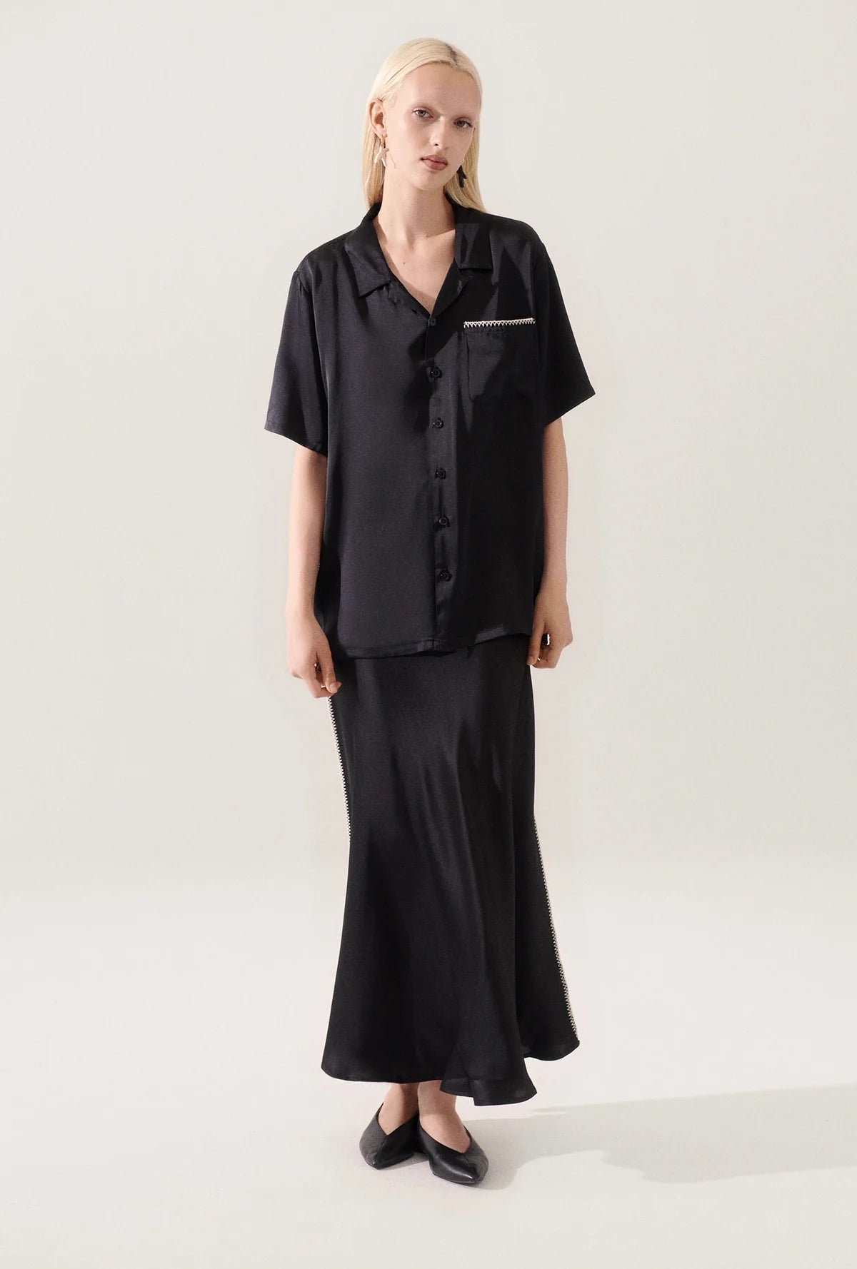 Men's Camp Shirt with Blanket Stitch Detail in Black - Perfect for Casual Outings and Outdoor Adventures