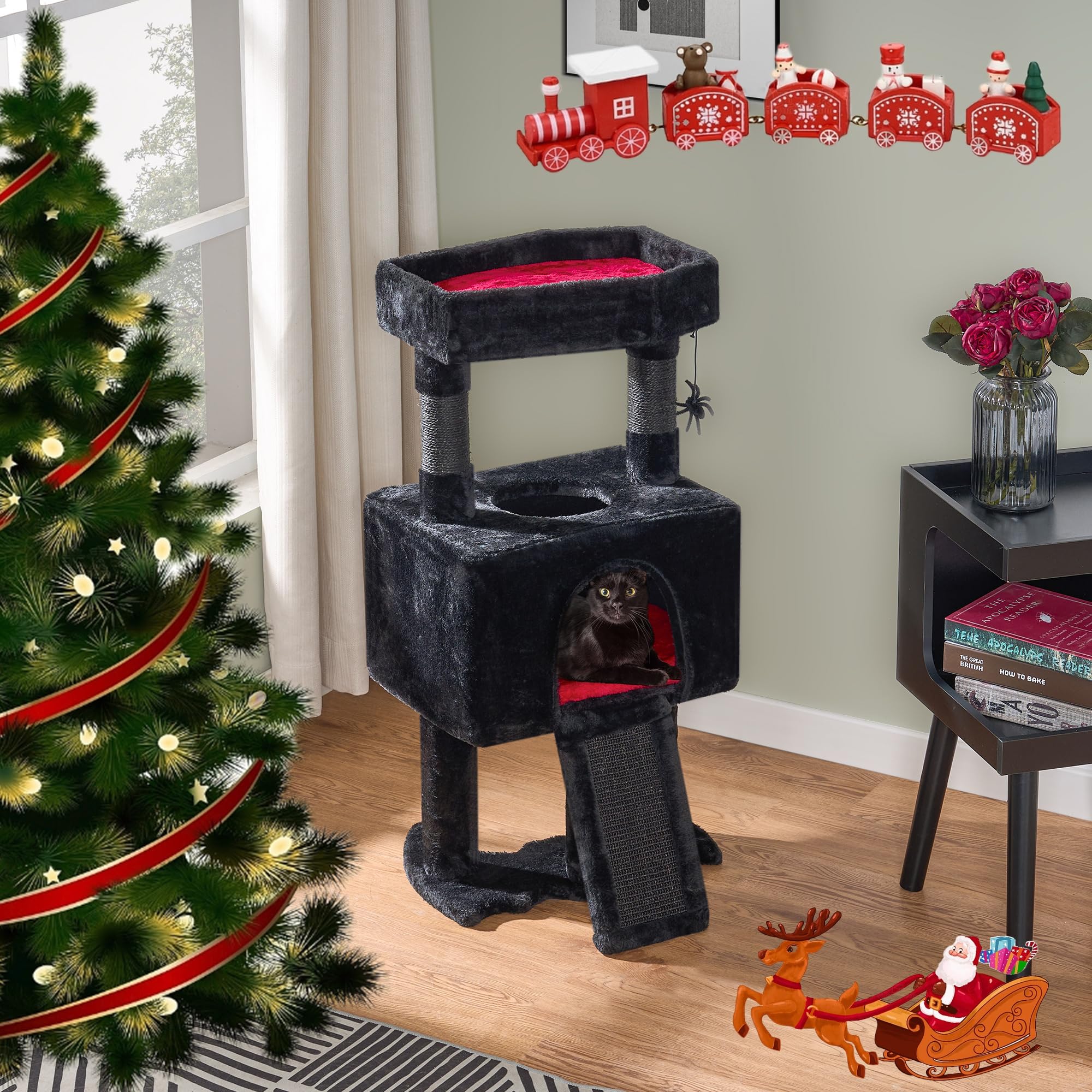 BEWISHOME Gothic Cat Tree with Coffin Cat Bed - Black & Red Halloween Cat Tower with Scratching Post, Soft Cushion & Spider Hanging Ball - Spacious Cat Condo for Play & Rest - Perfect Gothic Pet Furniture for Halloween Decor & Everyday Use