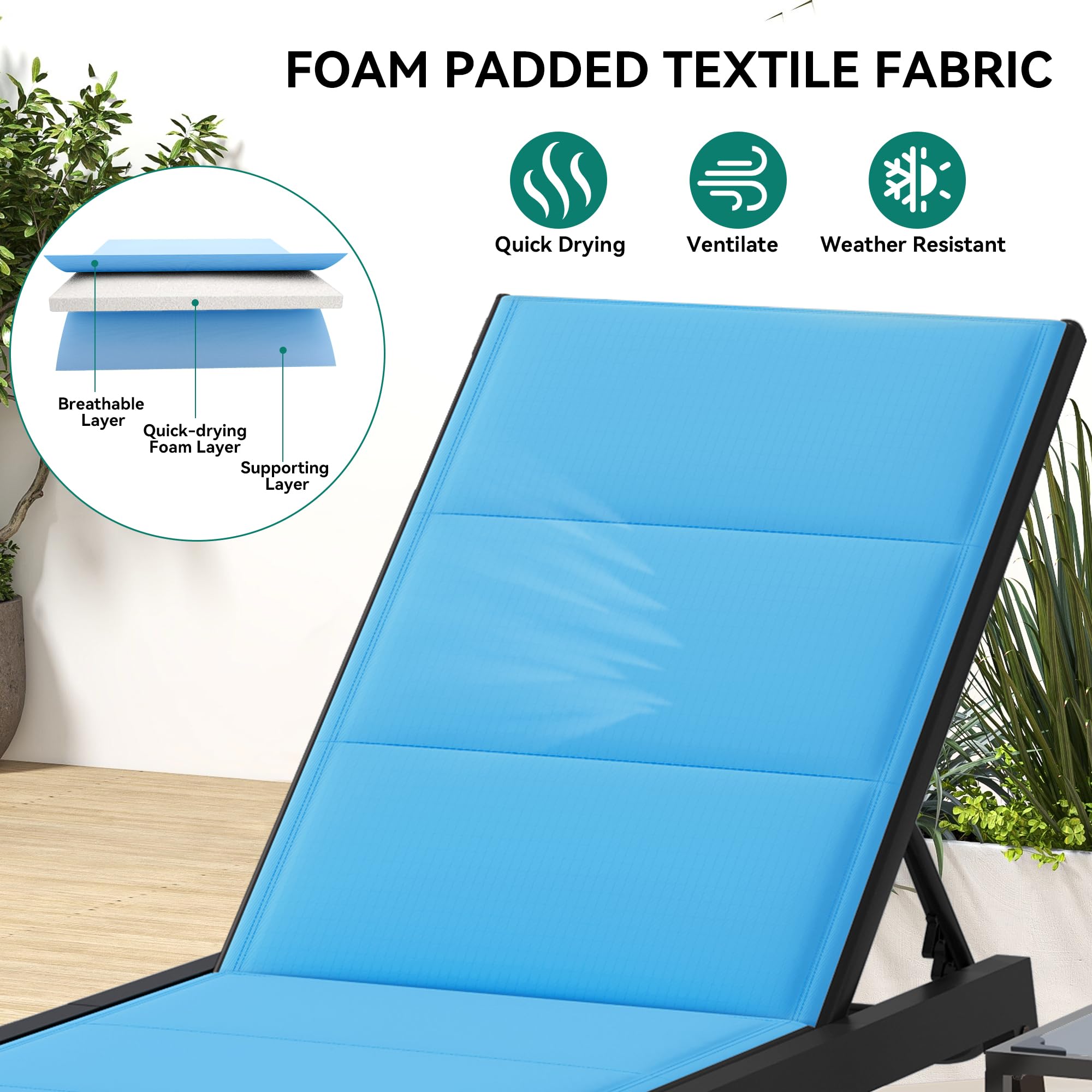 YITAHOME 3-Piece Patio Chaise Lounge Set with Side Table - Adjustable Backrest Outdoor Lounge Chairs with Padded Fabric & Wheels - Perfect for Poolside, Beach, Patio & Porch Relaxation - Blue