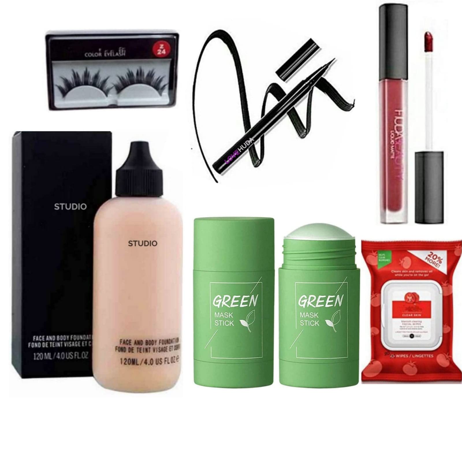 Glomic Professional Face & Body Foundation Set - Green Tea Mask, Facial Wipes, Matte Liquid Lipstick, Black Eyeliner & False Lashes (6-Piece Makeup Kit) | Perfect for Daily Beauty Routine, Professional Makeup Artists & Travel Essentials