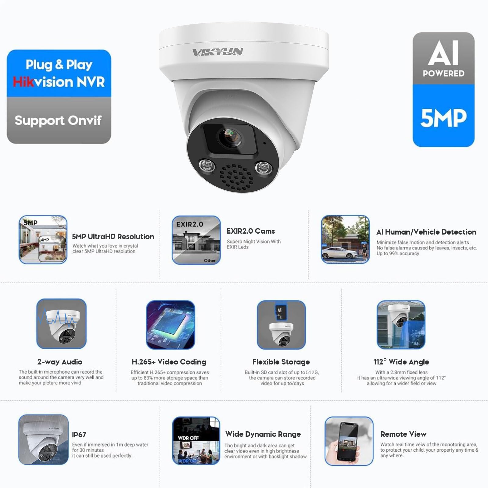 Hikvision 5MP POE IP Camera - Outdoor Security Surveillance Camera with 2-Way Audio, 5MP@30fps, Human/Vehicle Detection, 98ft Night Vision, SD Card Slot (512GB), IP67 Waterproof - Ideal for Home, Business & Property Monitoring