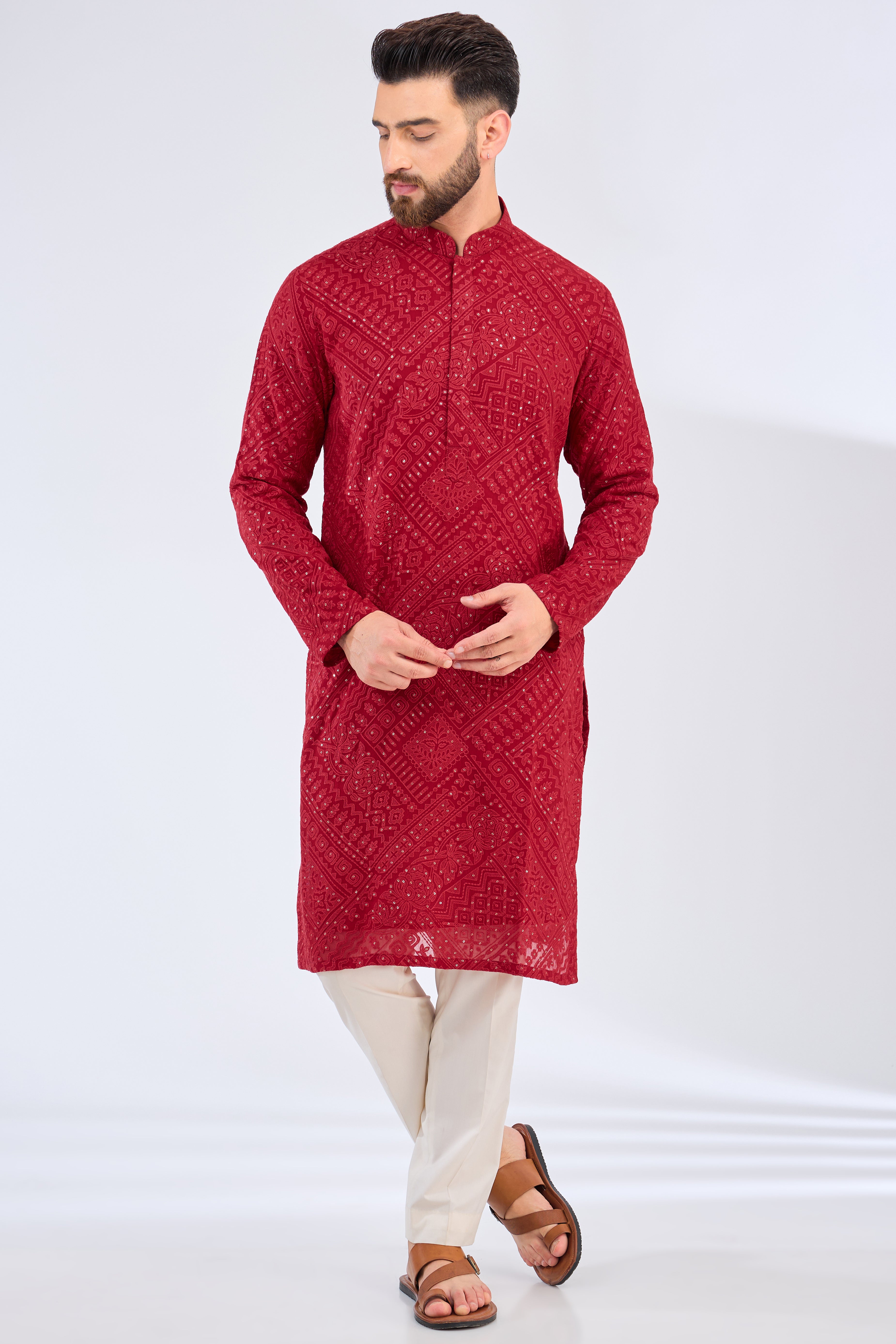 Red Chikankari Kurta with Tone-on-Tone Thread Work & Sequins - Elegant Indian Embroidered Tunic for Women - Perfect for Festivals, Weddings & Special Occasions