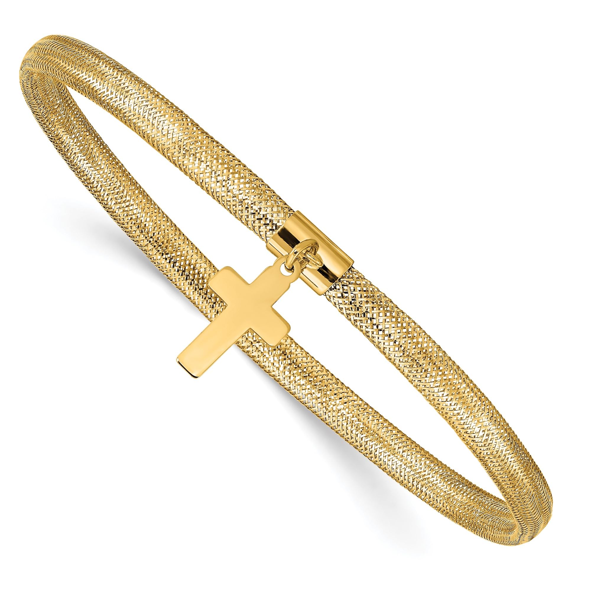 14K Solid Yellow Gold Mesh Holy Cross Charm Bracelet for Women - Adjustable Stretch Wrap Design - Perfect for Gifts, Church, and Everyday Wear