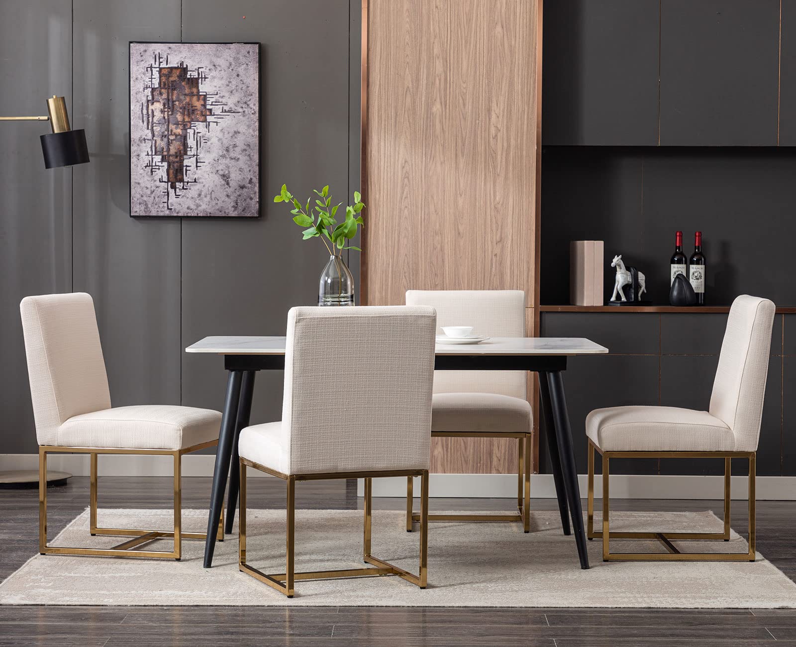 Shunzhi Mid Century Modern Upholstered Dining Chairs Set of 2 - Gold Metal Legs, Linen Fabric Armless Side Chairs for Dining Room, Living Room & Bedroom - Cream Comfortable Seating for Home Decor