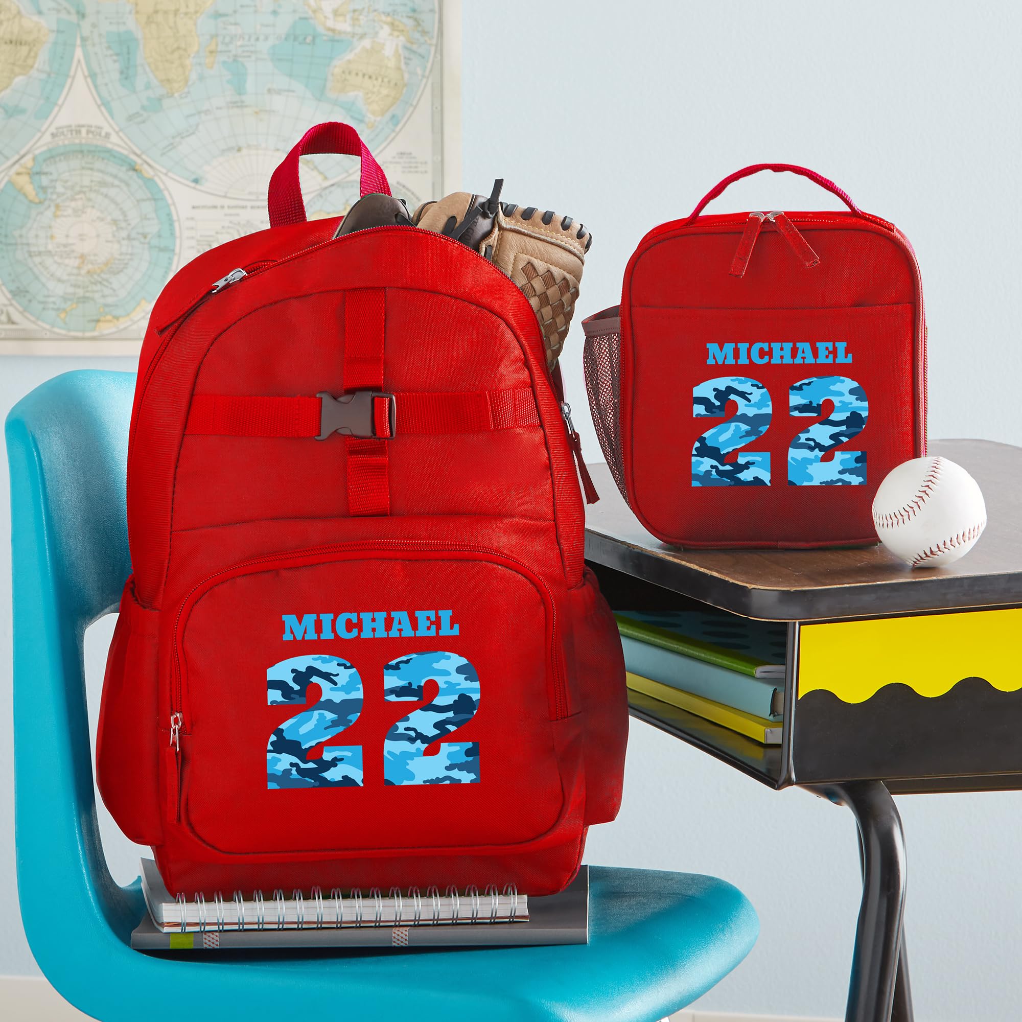 **Personalized Kids Backpack for School - Custom Bookbag with Lunch Box - Durable Red Camo Design - Perfect for School, Travel & Day Trips**