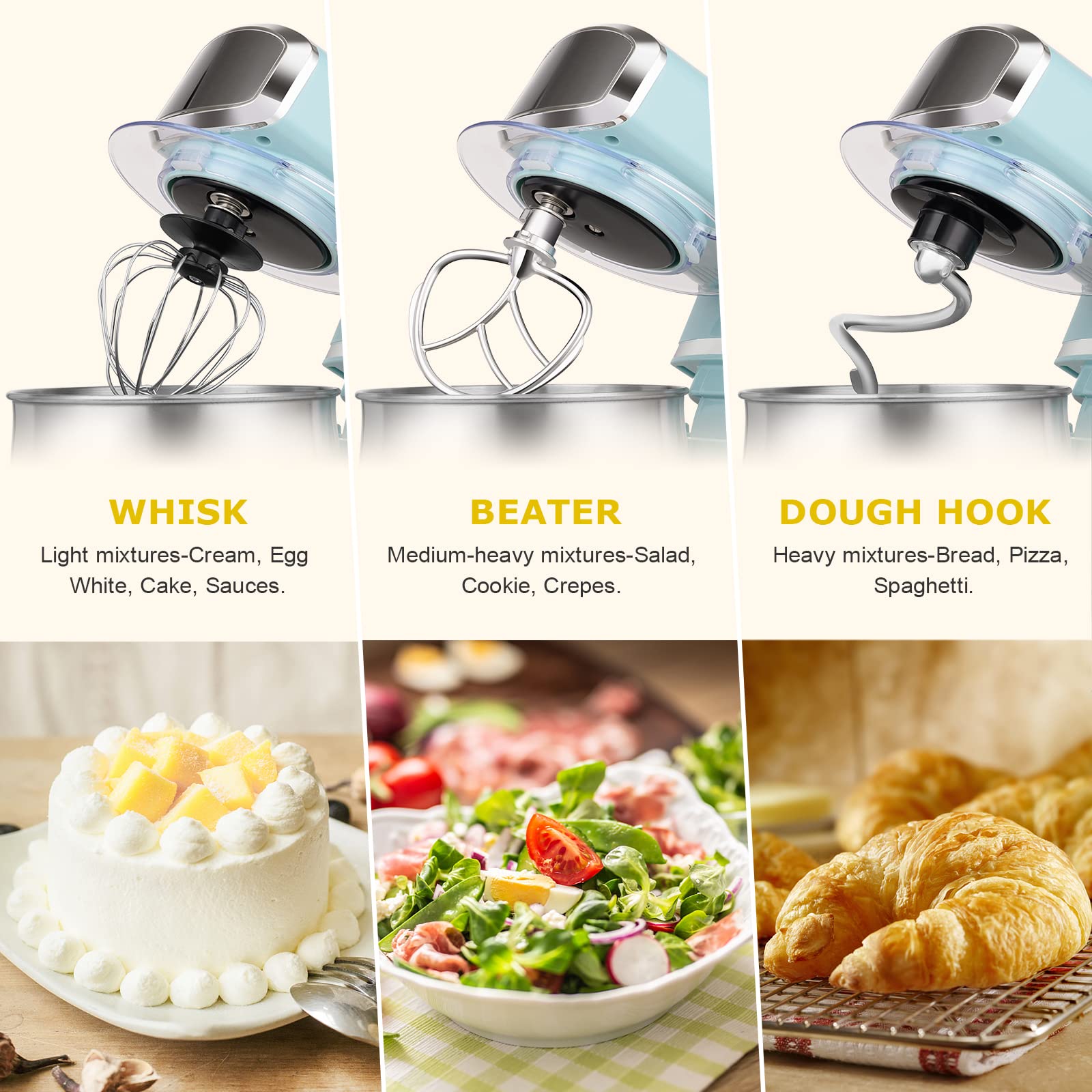 3.2Qt Small Electric Stand Mixer - 6-Speed Portable Kitchen Mixer with Egg Whisk, Dough Hook & Flat Beater - Lightweight Food Mixer for Baking, Cooking & Daily Kitchen Use (Blue)