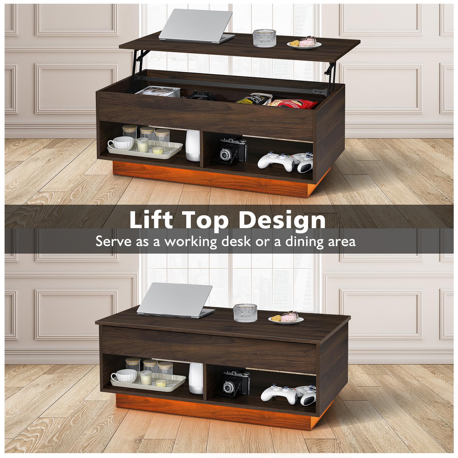HOMMPA Modern Industrial TV Stand and Coffee Table Set of 2 - LED Entertainment Center for 55/65/70 Inch Gaming TV Console with Lift Top - Walnut Living Room Furniture for Gaming & Movie Nights