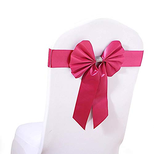 100pcs Fuchsia Reversible Satin Faux Leather Bow Tie Chair Sashes with Buckles - Wedding Chair Decorations for Ceremony, Reception, Bridal Shower & Party Decor