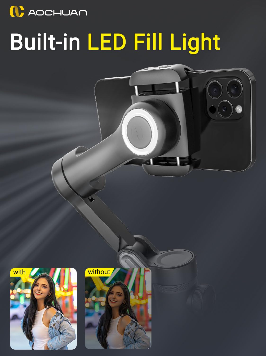 AOCHUAN Smart XPro 3-Axis Smartphone Gimbal Stabilizer with LED Light, OLED Screen, Gesture Control & Face Tracking - Magnetic Charging Compatible with Android & iPhone for Vlogging, Live Streaming & Content Creation