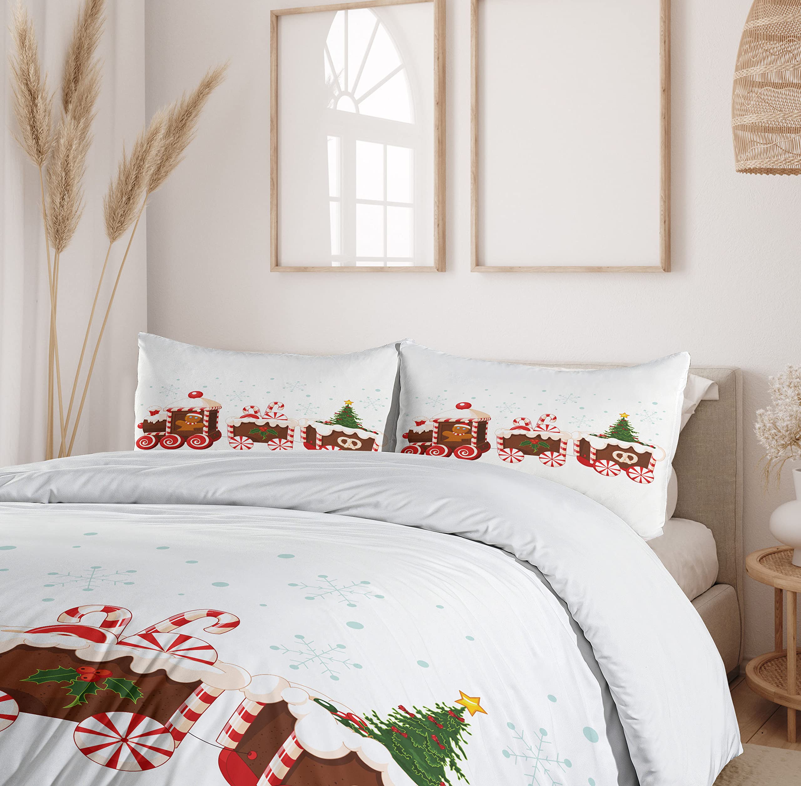 Ambesonne Christmas Duvet Cover Set 3-Piece - Train Gingerbread Cream Candy Cartoon Toys Snowflakes Presents Design - California King Size Bedding with 2 Pillow Shams - White Brown Vermilion Holiday Decor for Cozy Winter Bedrooms & Festive Home Styling