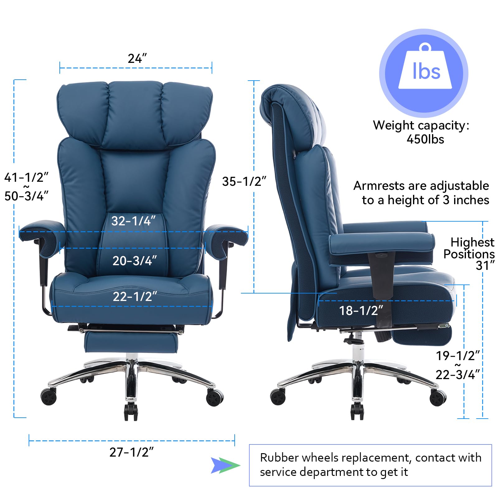 Ergonomic Office Chair for Big & Tall People - Heavy Duty Executive Chair with Footrest & Lumbar Support - Best Adjustable Desk Chair for Back Pain Relief - Blue Home Office Chair for Comfortable Working & Gaming
