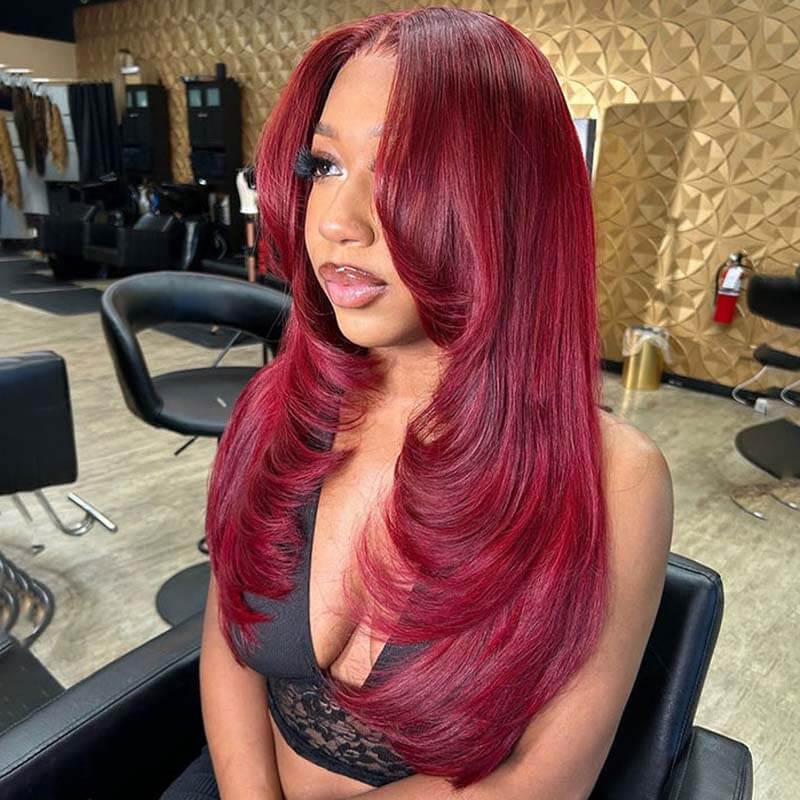 Eullair Burgundy Red Straight Human Hair Lace Front Wig with Curtain Bangs - Glueless Layered Cut for Natural Look | Perfect for Cosplay, Daily Wear & Special Occasions