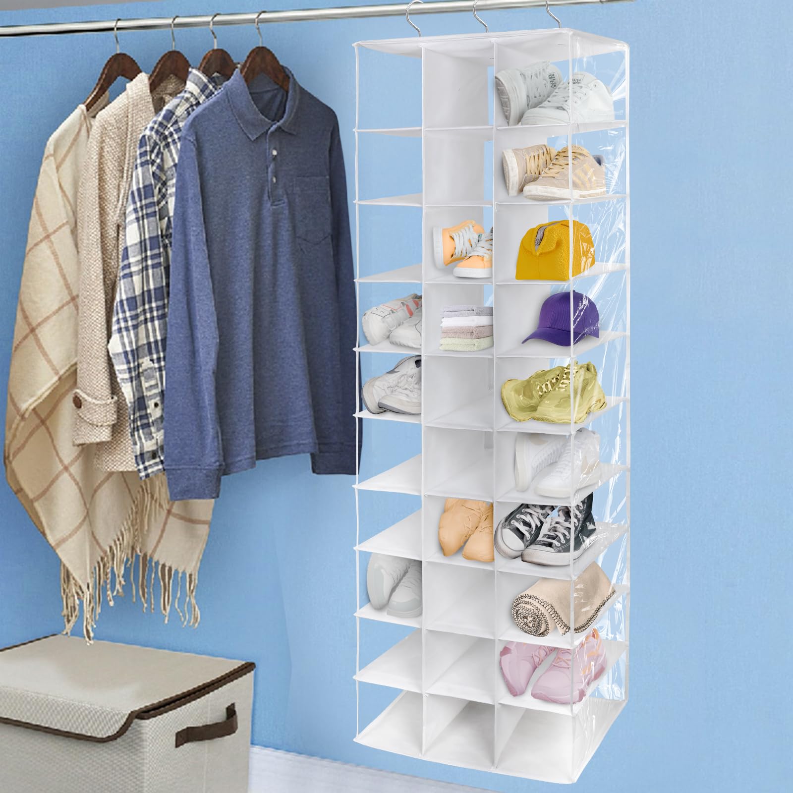 Coastal Rose Hanging Shoe Closet Organizer - 30 Sections Shoe Storage with 6 Mesh Pockets, Space Saving Closet Organizer for Shoes, Accessories & More - Perfect for Bedroom, Closet & Dorm Organization (White)