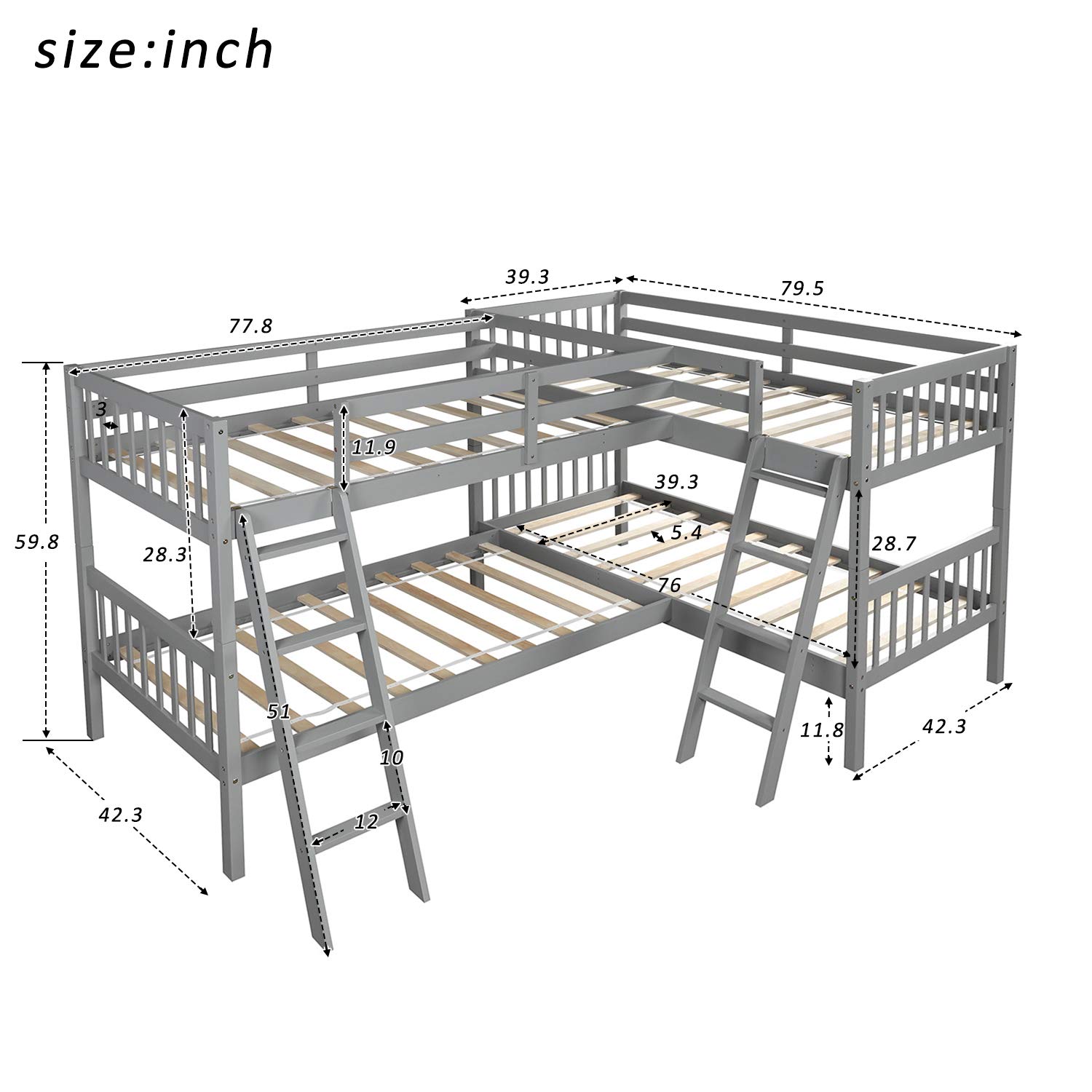 Danxee L-Shaped Twin Bunk Bed with Ladder - Space Saving Twin Over Twin Bunk Bed Frame, No Box Spring Needed (Gray) - Perfect for Kids' Bedroom, Dorm Room & Small Spaces
