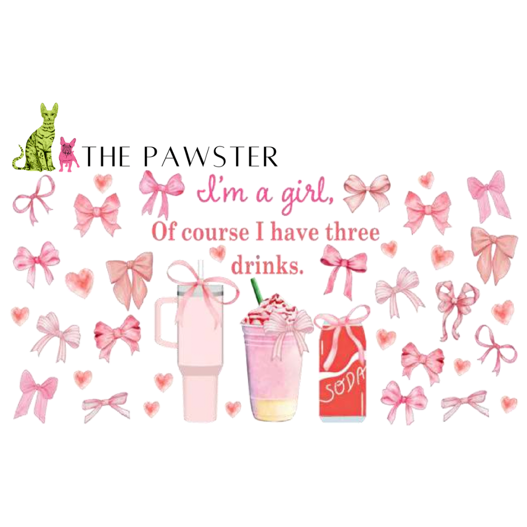 3 Drinks Girl Cup Wrap - Double Sided UV DTF Transfer for Tumblers & Water Bottles - Customizable Drink Design for Parties, Gifts & Personal Use