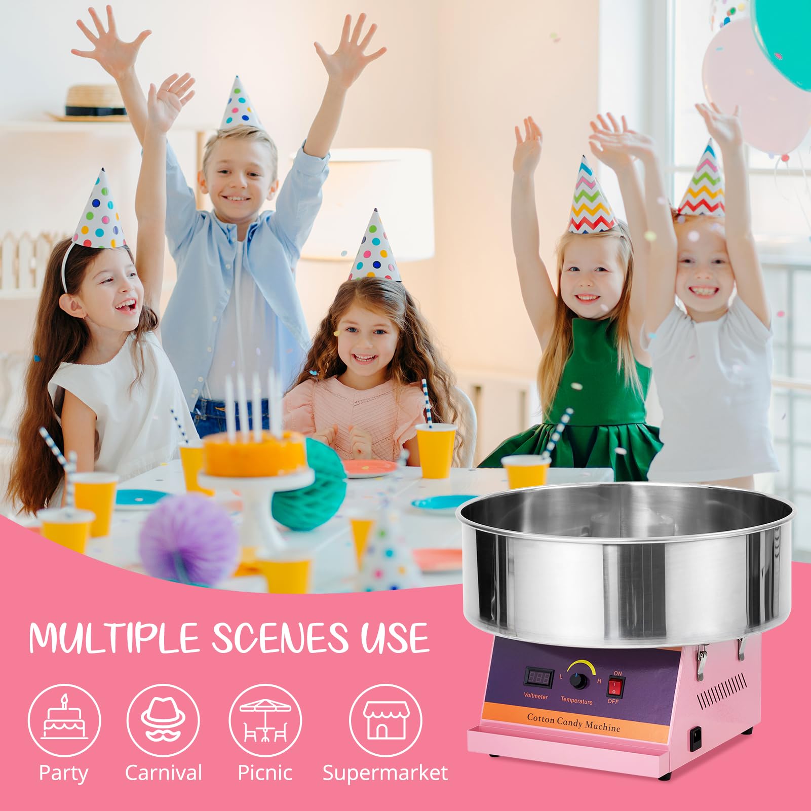GAOMON 1030W Commercial Cotton Candy Machine with Stainless Steel Bowl & Sugar Scoop - Pink Candy Floss Maker for Home, Parties, Carnivals, Fairs, and Events - Perfect for Birthday Celebrations, Wedding Receptions, and School Fundraisers