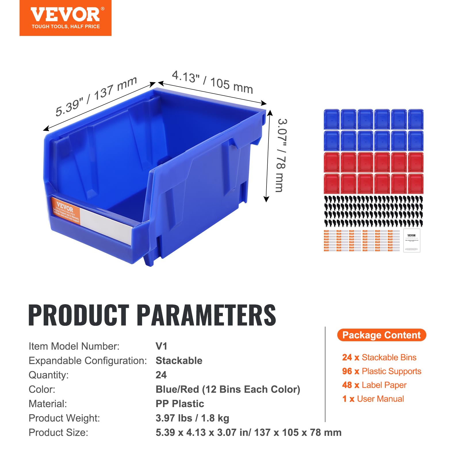 VEVOR 24 Pack Stackable Plastic Storage Bins (5 x 4 x 3 Inch) - Heavy Duty Hanging Organizer Containers for Closet, Garage, Office & Small Parts Storage | Perfect for Home Organization, Workshop Tools & Craft Supplies